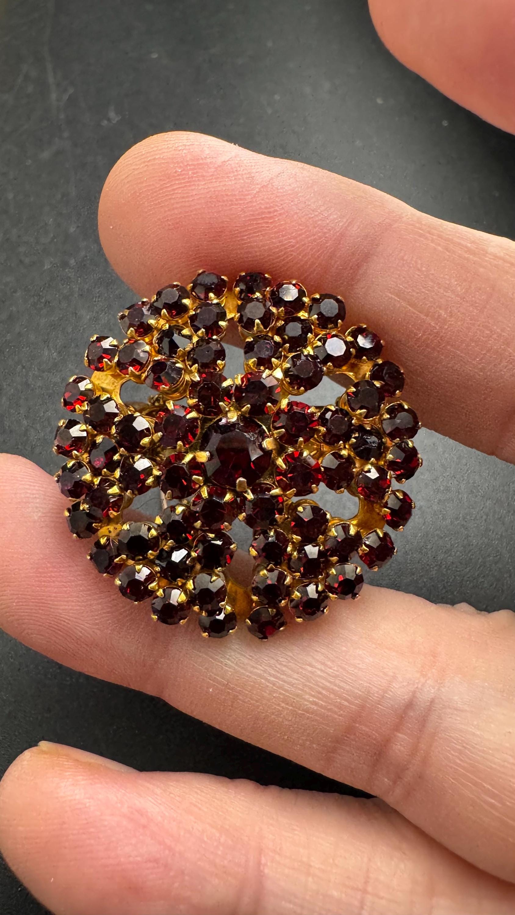 Vintage red garnet rhinestone brooch, Bohemian Claw Set vintage pin