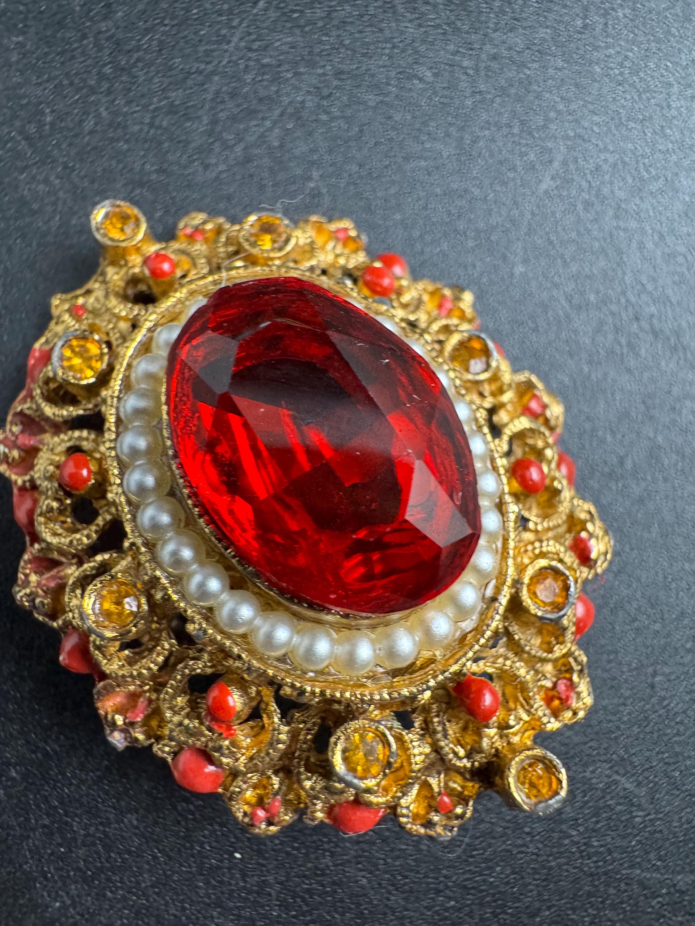 Oval ruby seed pearl Brooch: vintage Red Rhinestones