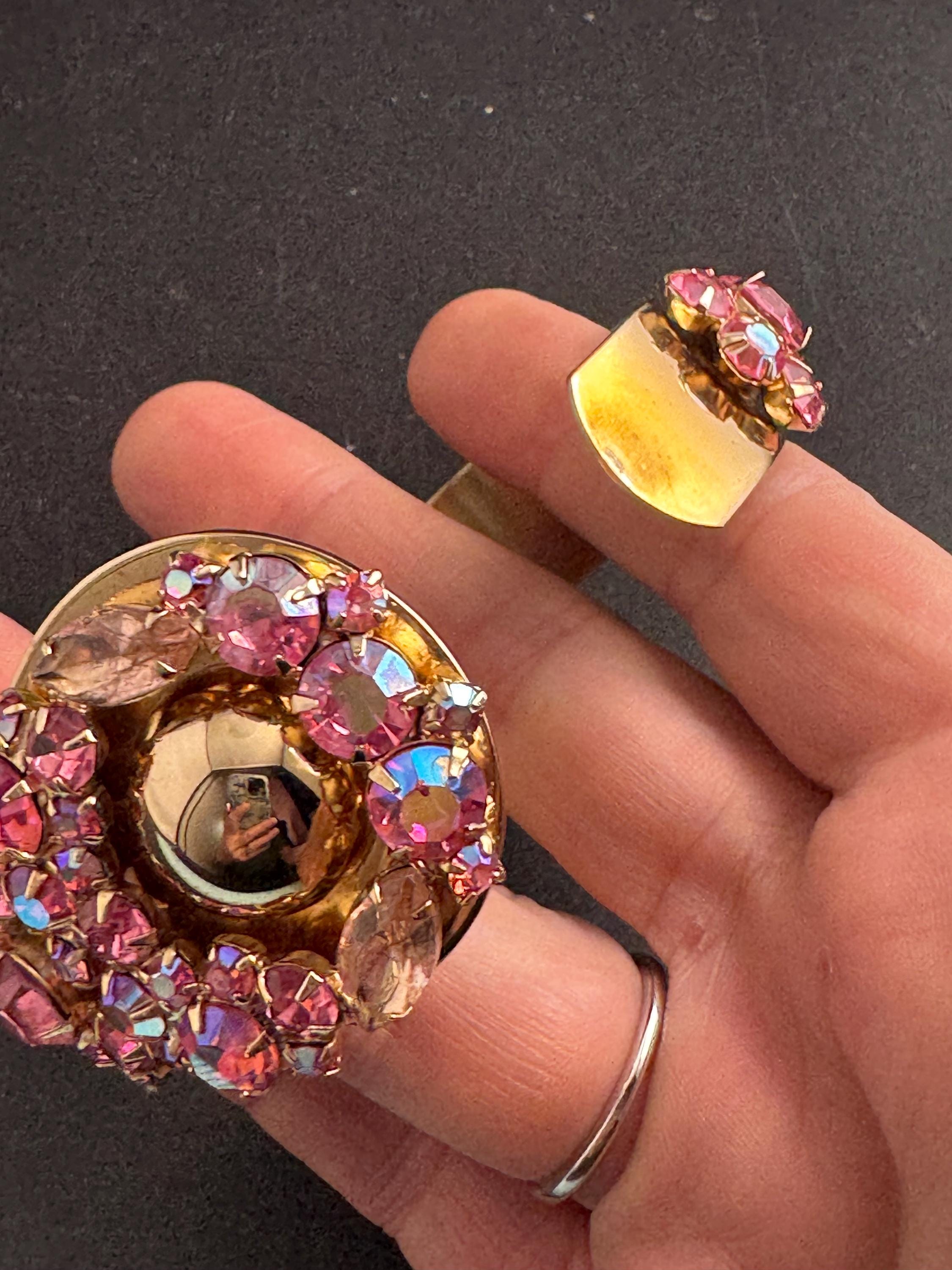 pink rhinestone clamper bangle, Vintage glass crystals diamanté warm gold bracelet