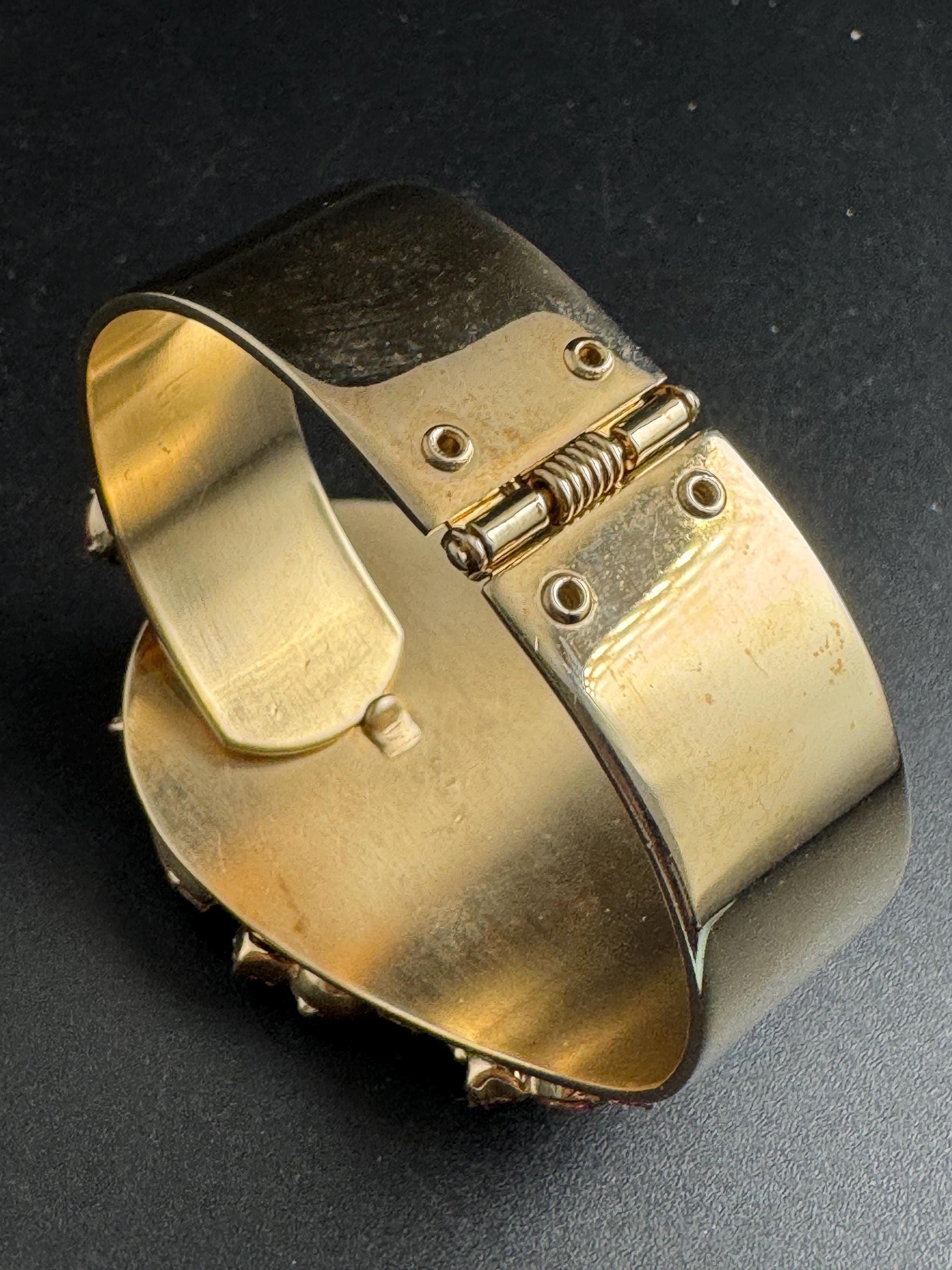 pink rhinestone clamper bangle, Vintage glass crystals diamanté warm gold bracelet