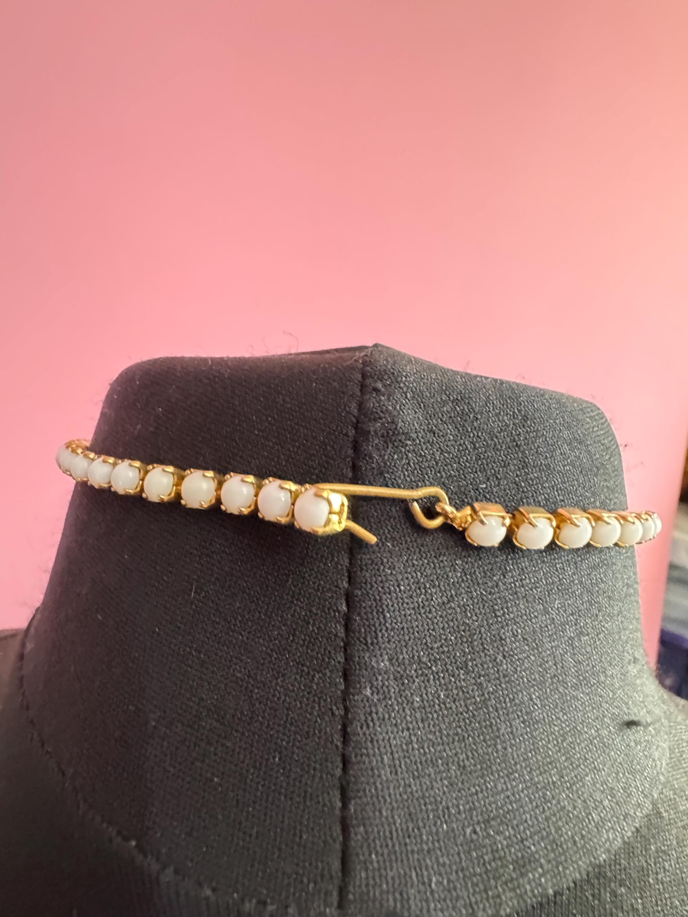 white AB rhinestone choker, vintage milk glass crystals , petite fit