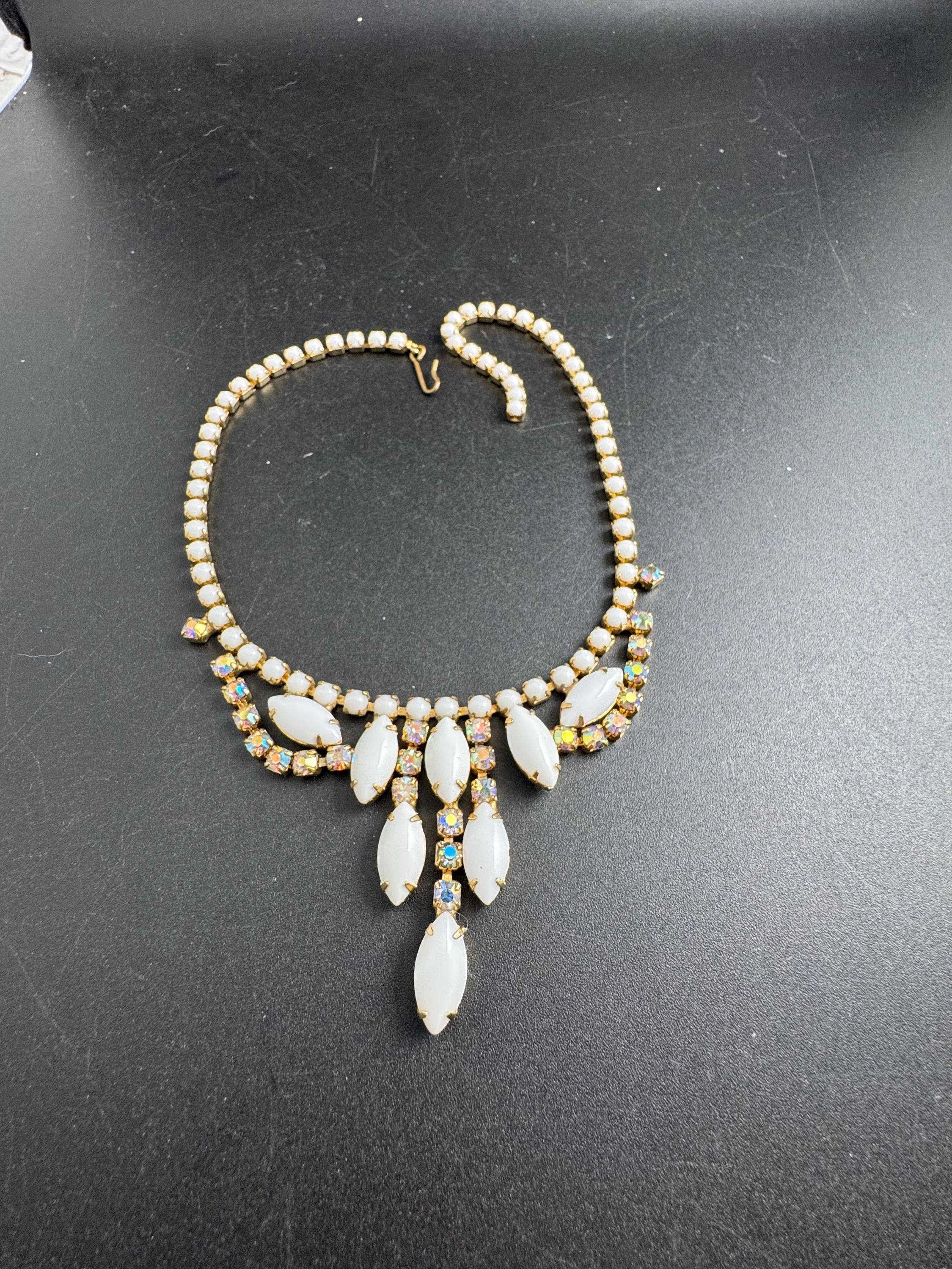 white AB rhinestone choker, vintage milk glass crystals , petite fit
