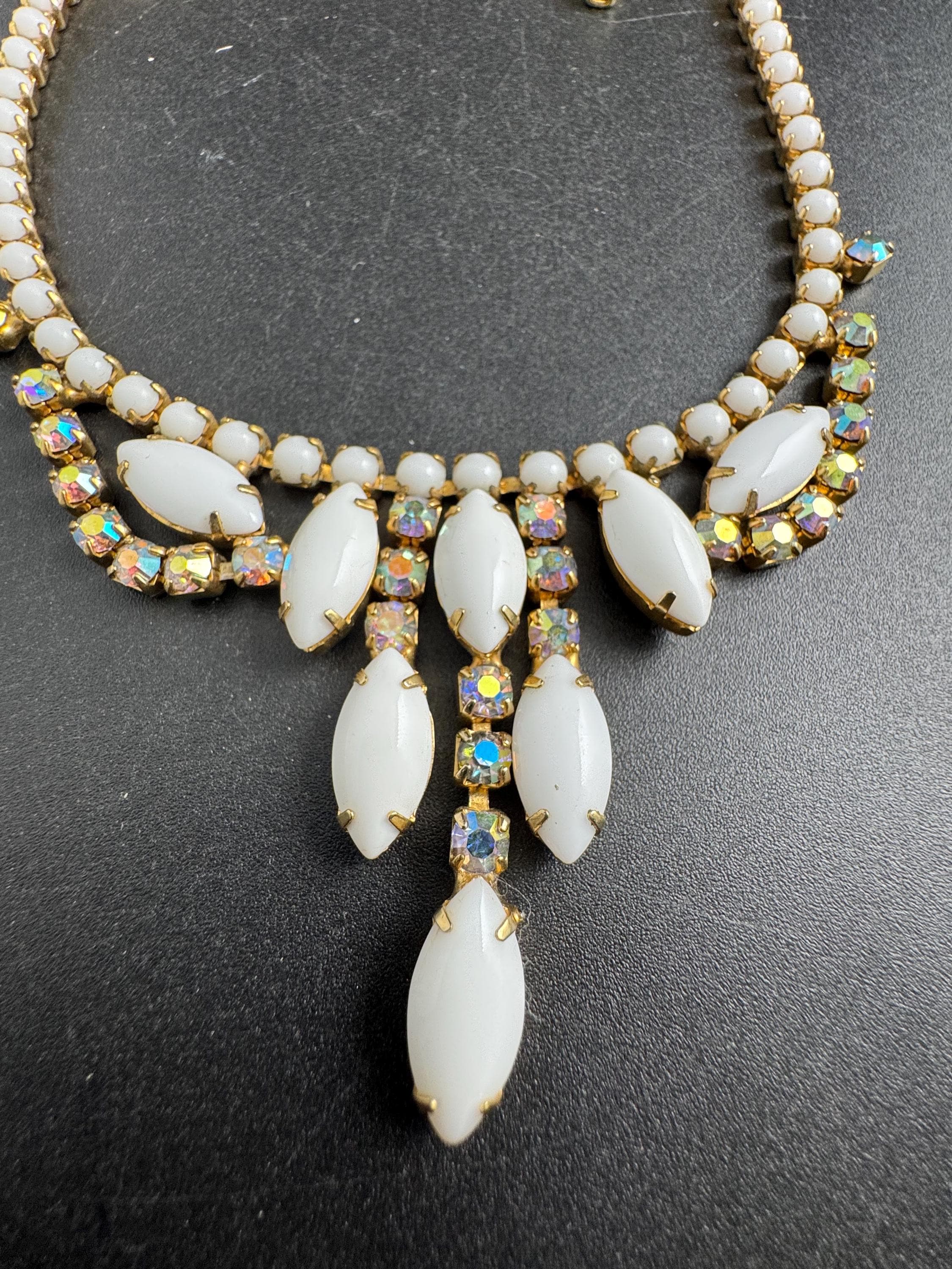 white AB rhinestone choker, vintage milk glass crystals , petite fit