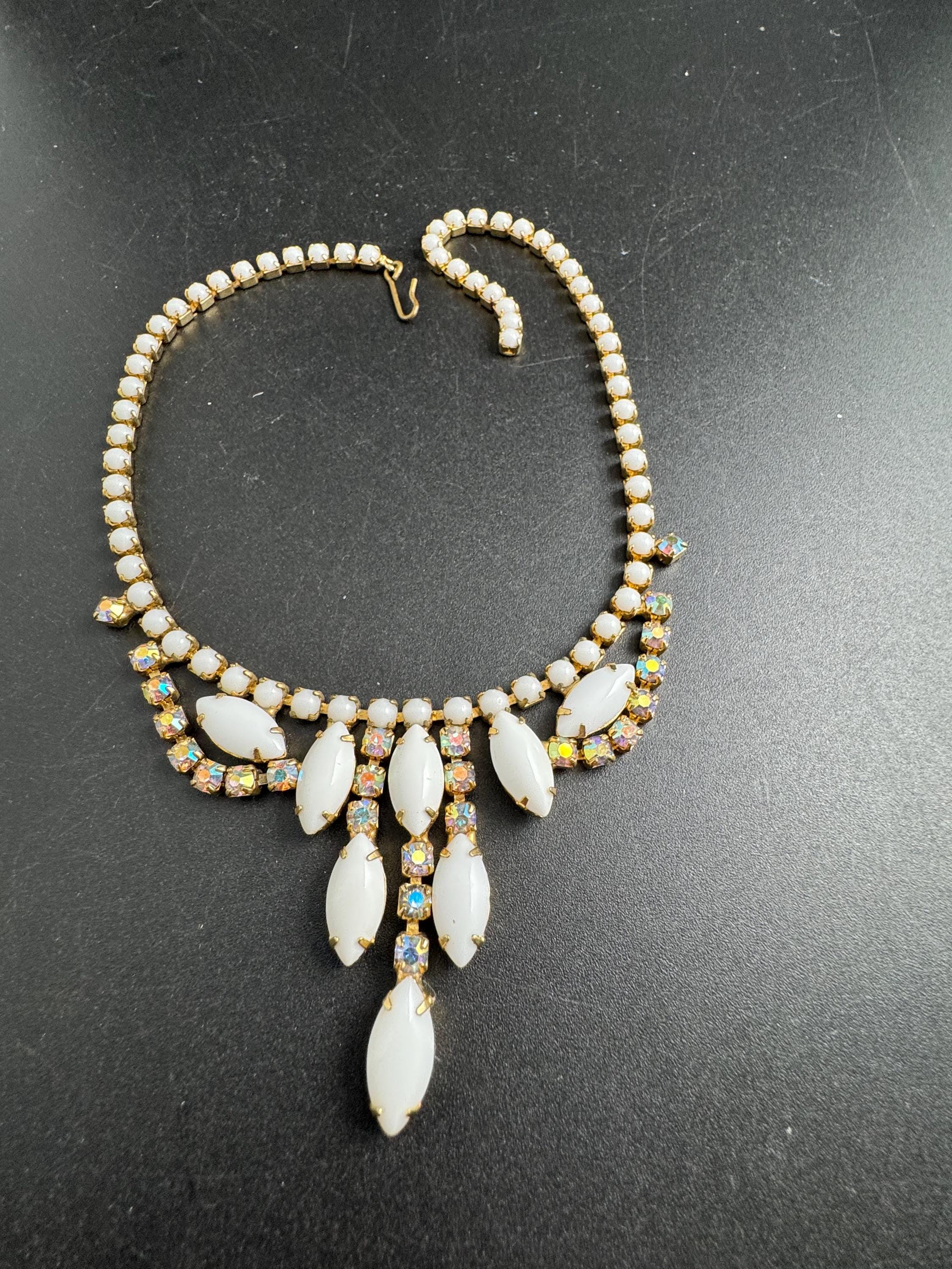 white AB rhinestone choker, vintage milk glass crystals , petite fit