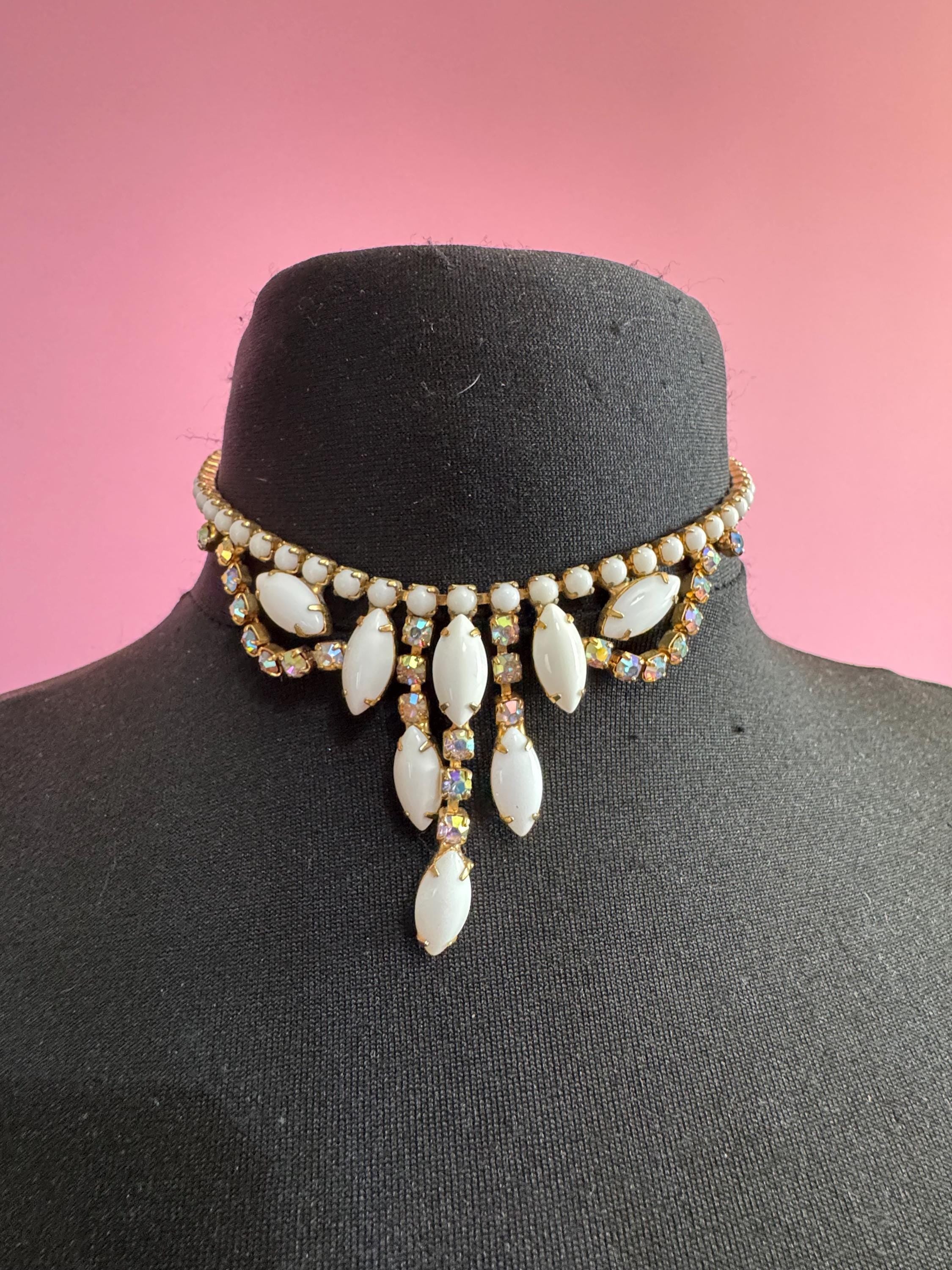 white AB rhinestone choker, vintage milk glass crystals , petite fit