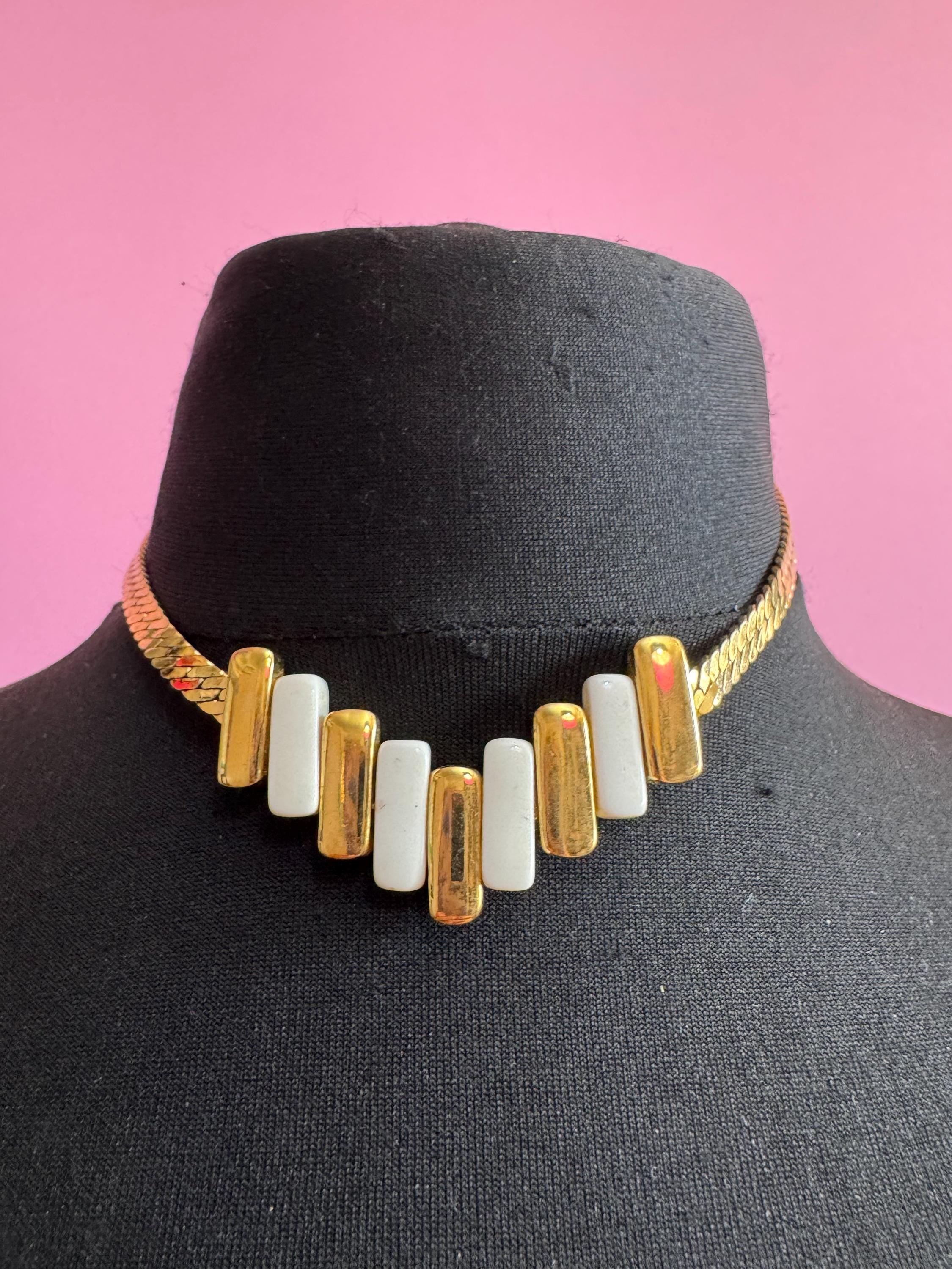 white enamel gold choker, vintage wide link panel necklace 40cm