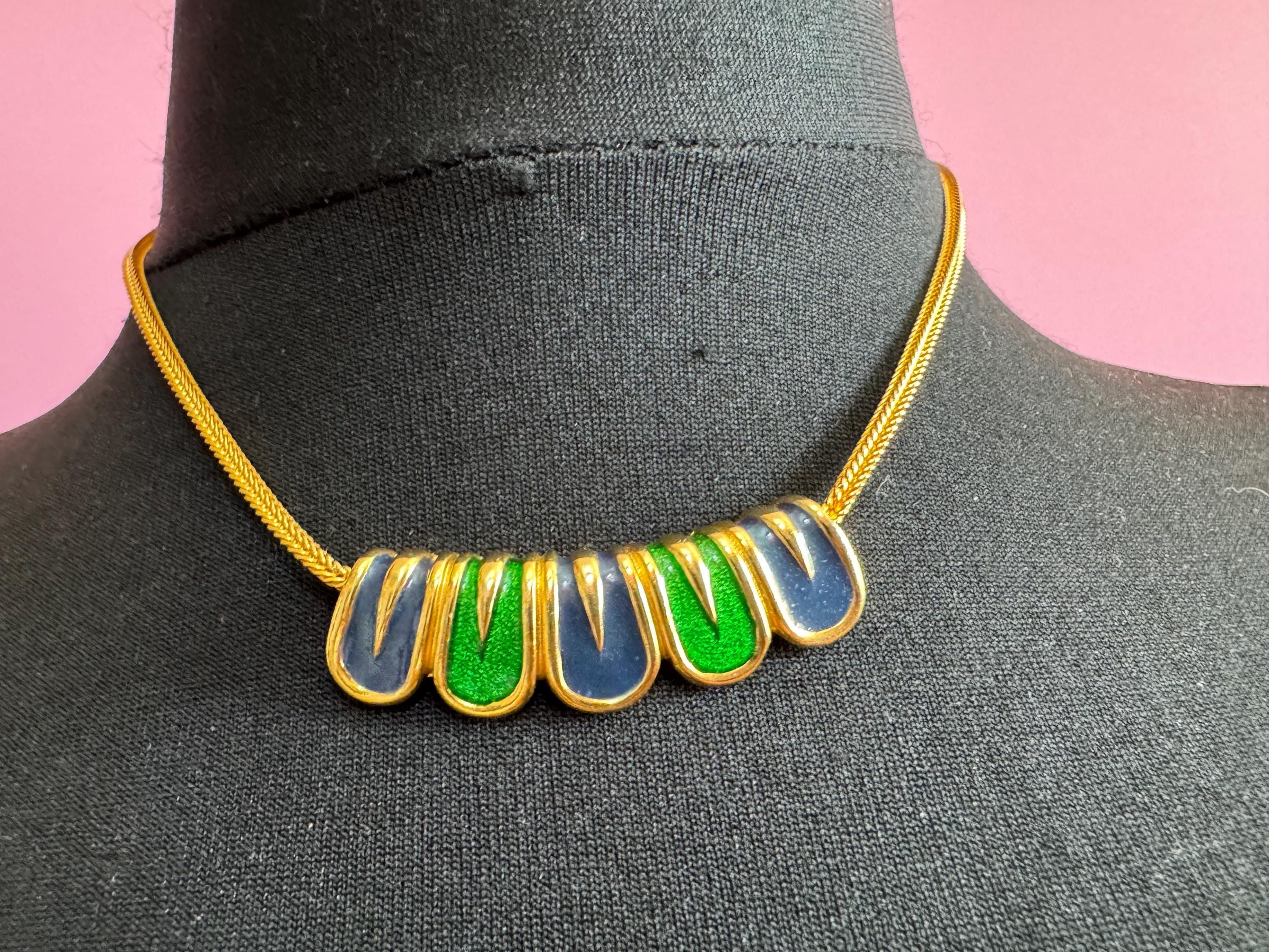 Jomaz blue and green enamel necklace, vintage signed gold chain collar