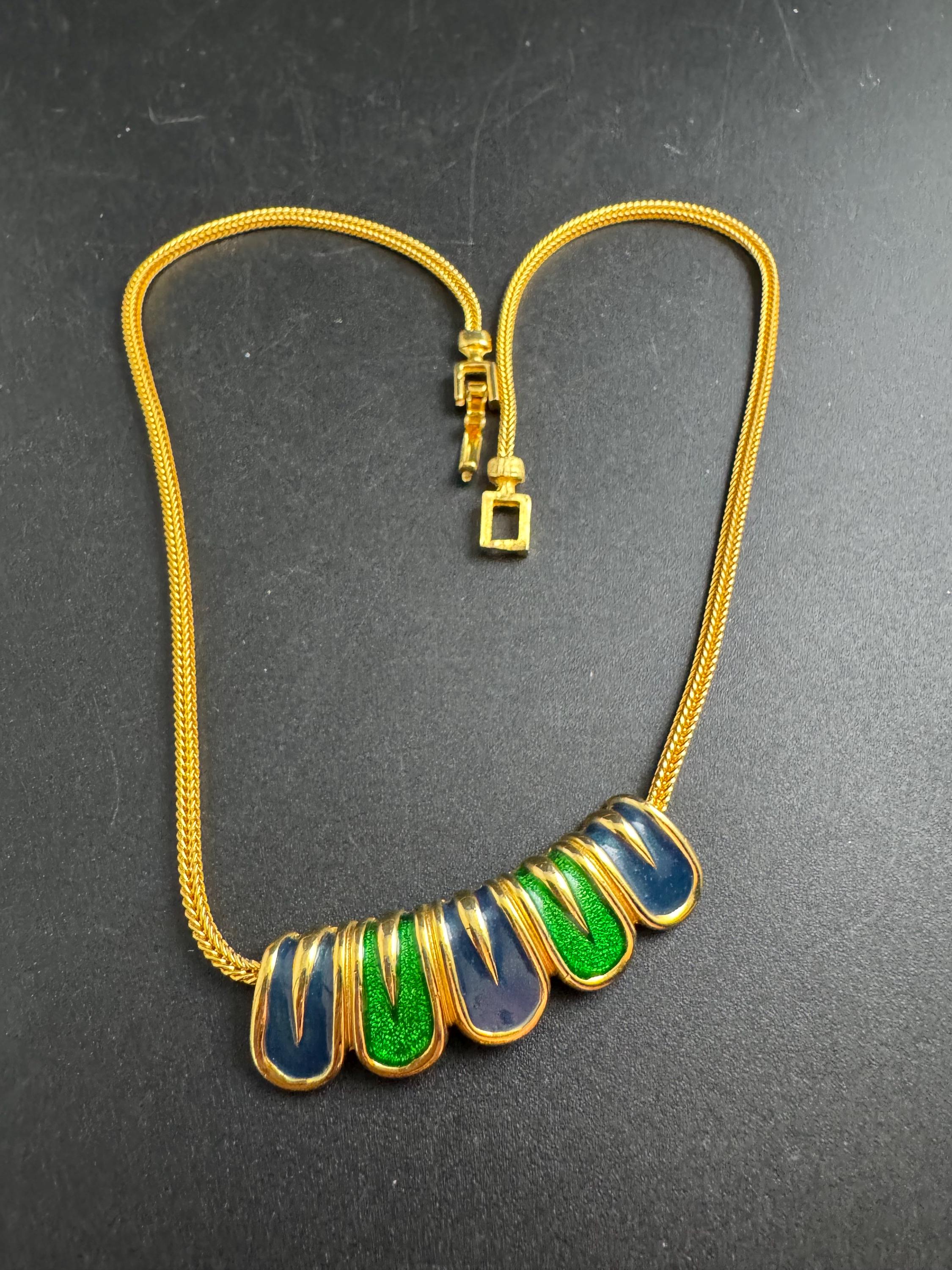 Jomaz blue and green enamel necklace, vintage signed gold chain collar