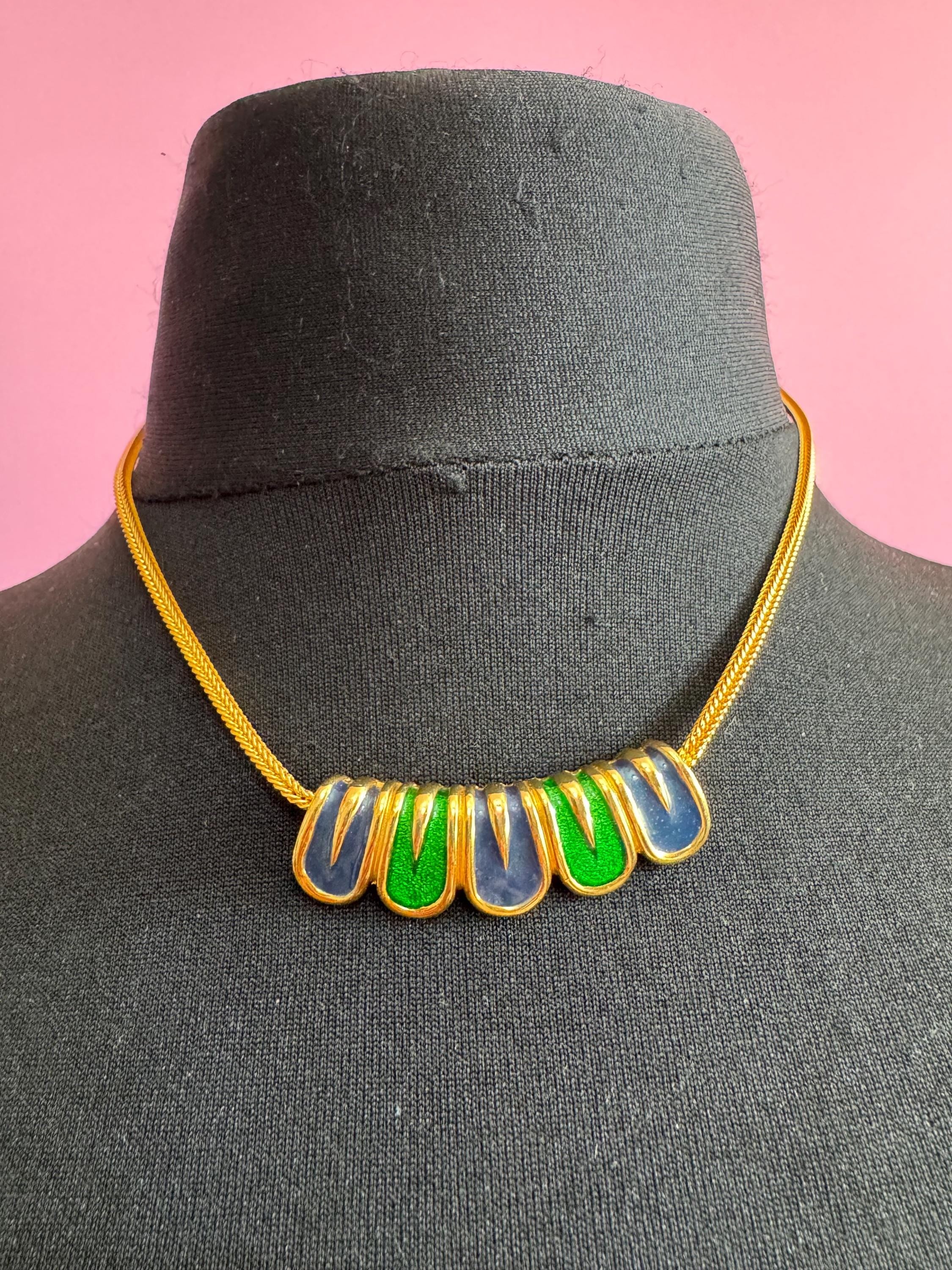 Jomaz blue and green enamel necklace, vintage signed gold chain collar