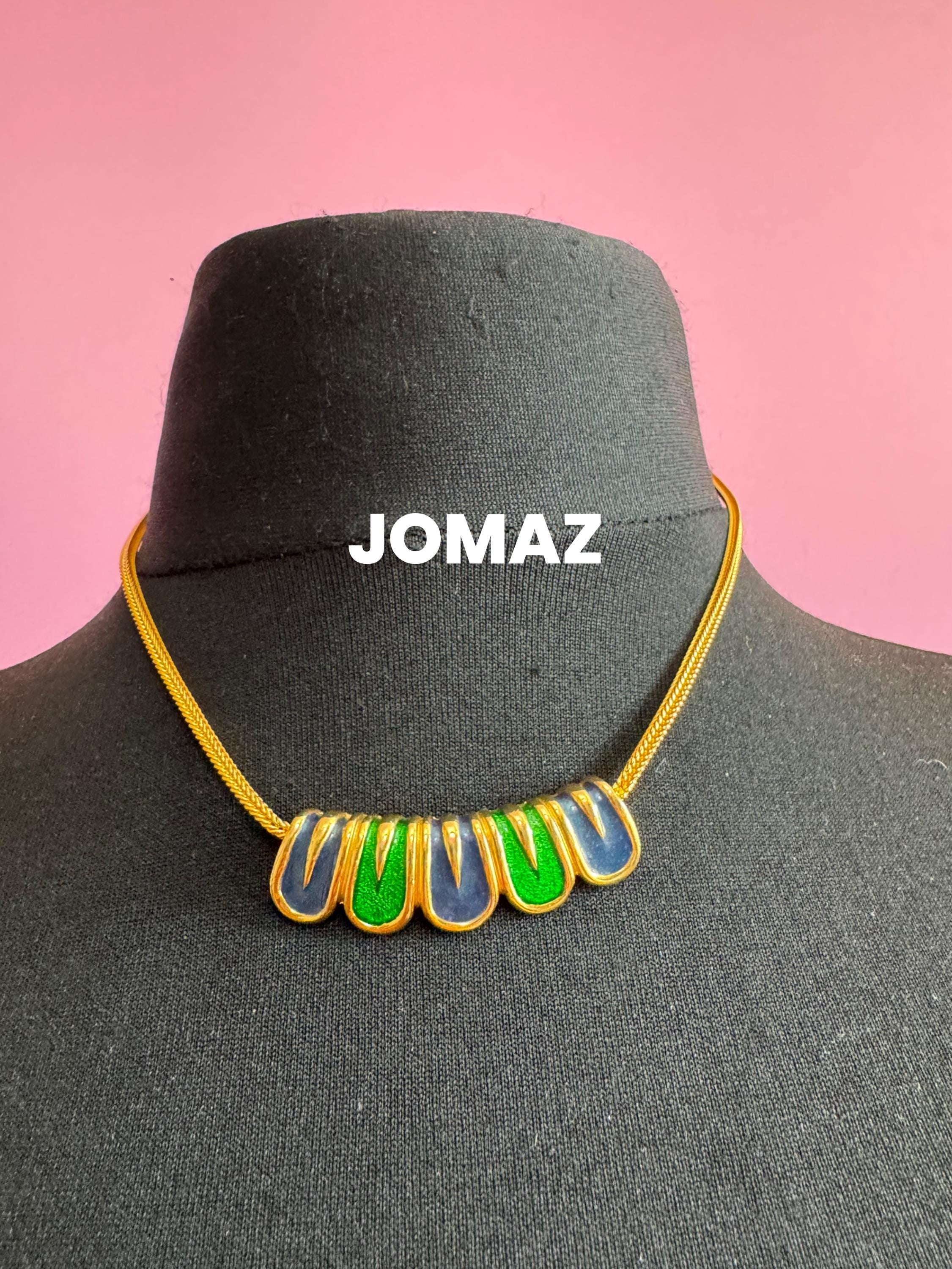Jomaz blue and green enamel necklace, vintage signed gold chain collar