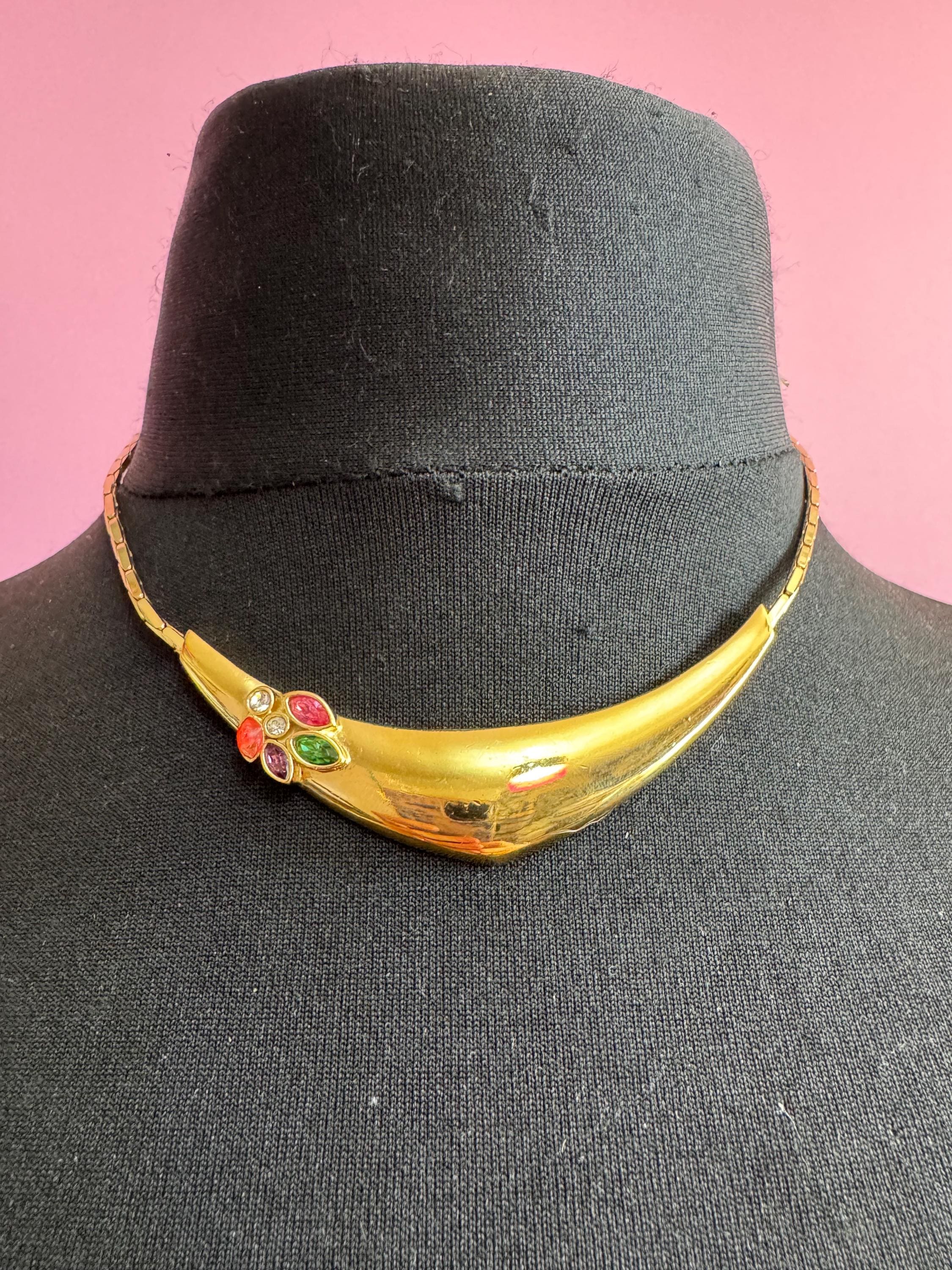 Bergdorf Goodman gold rhinestone Choker, Signed BG necklace coloured crystals