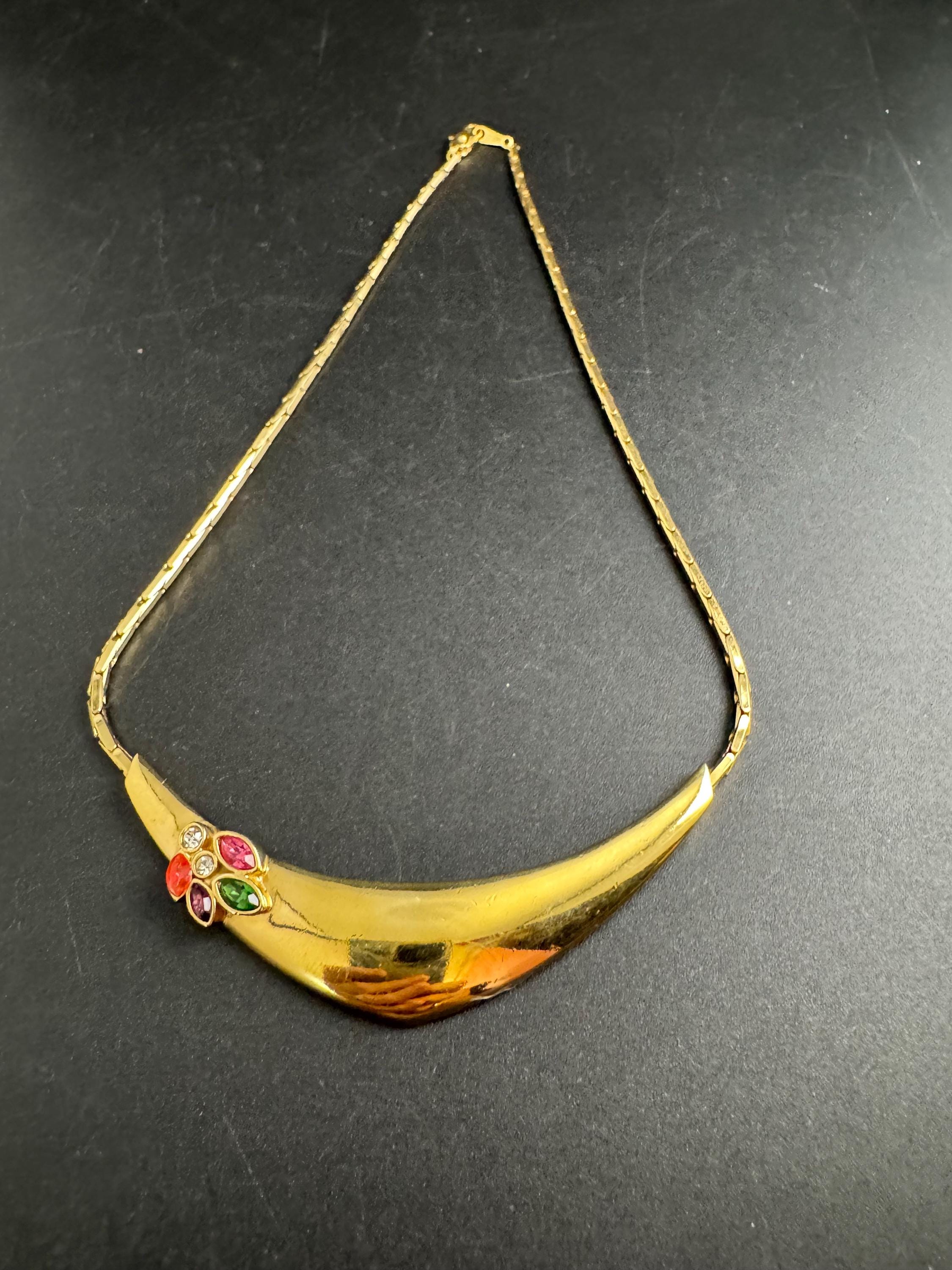 Bergdorf Goodman gold rhinestone Choker, Signed BG necklace coloured crystals