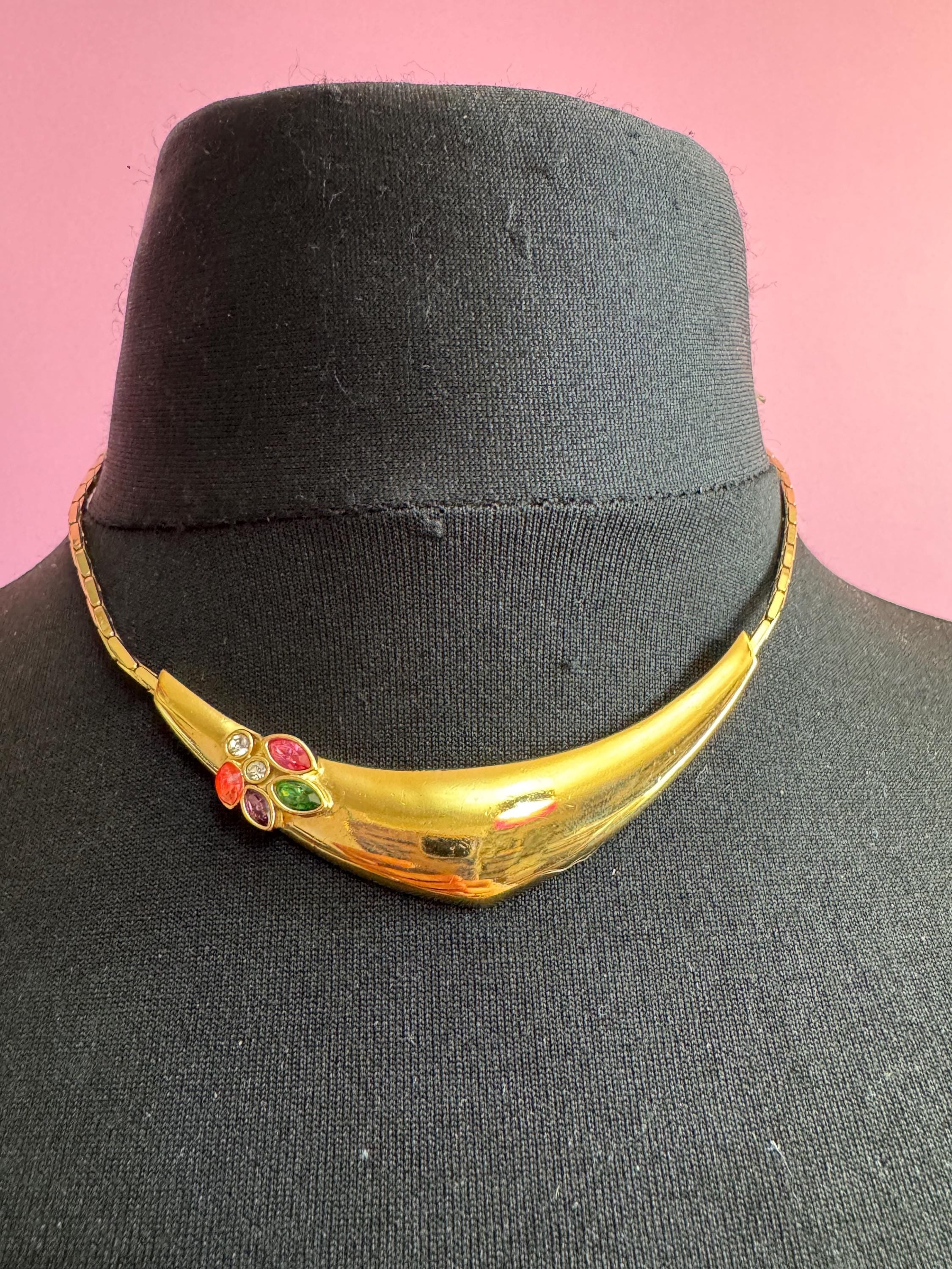 Bergdorf Goodman gold rhinestone Choker, Signed BG necklace coloured crystals