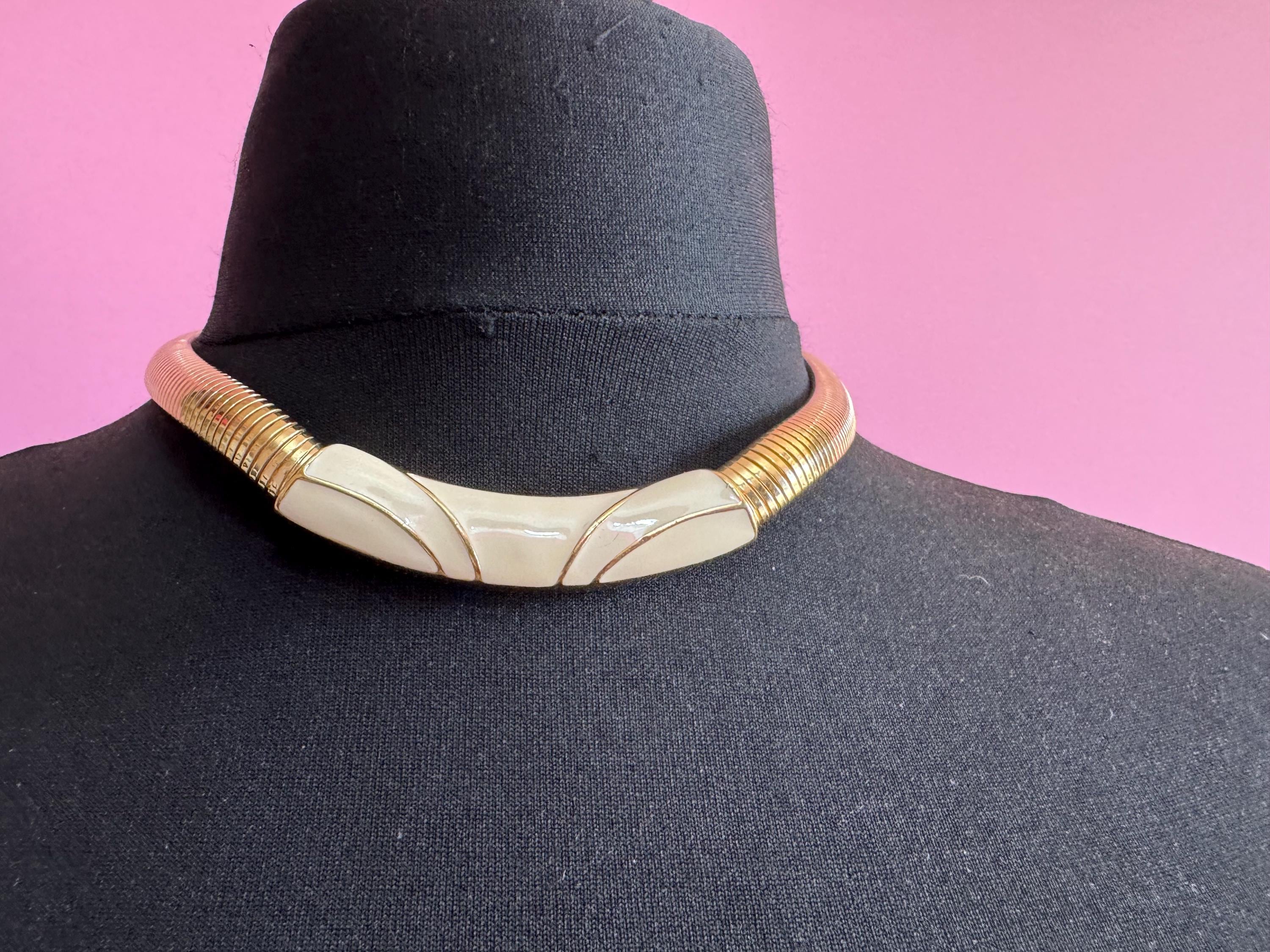TRIFARI Cream enamel omega gold Choker, Vintage signed