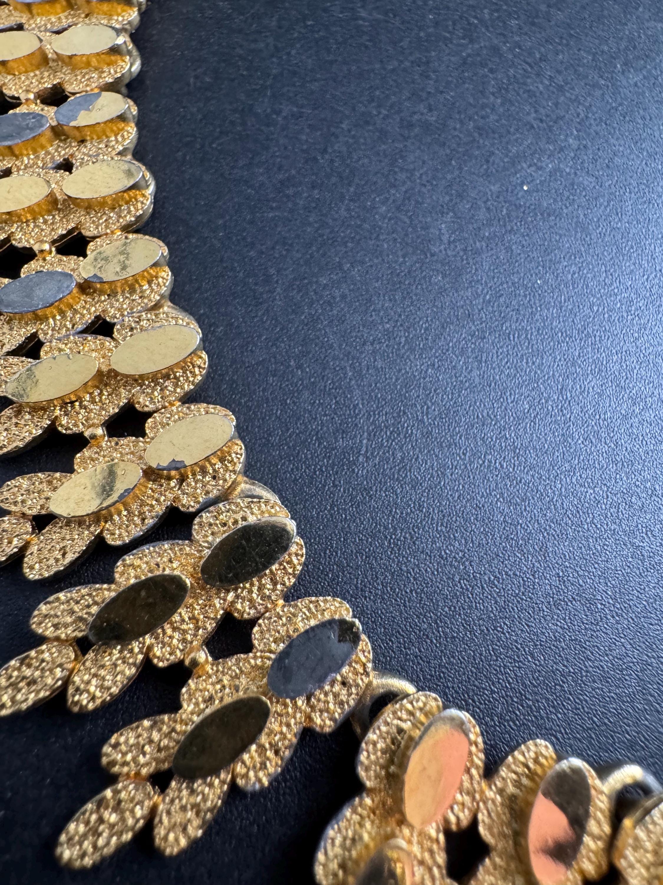 Vintage panel link brutalist choker necklace, gold tone set some plate loss