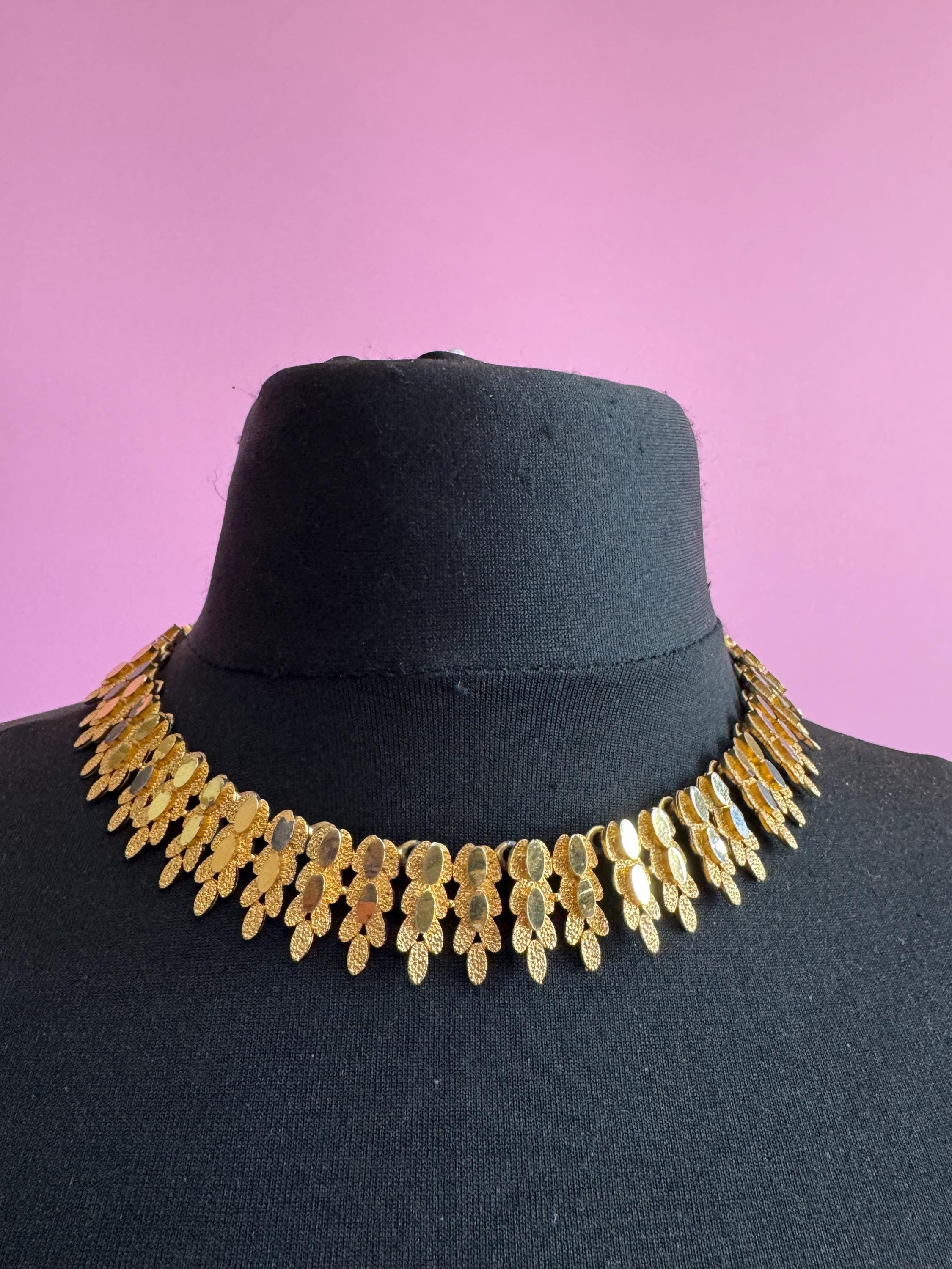 Vintage panel link brutalist choker necklace, gold tone set some plate loss