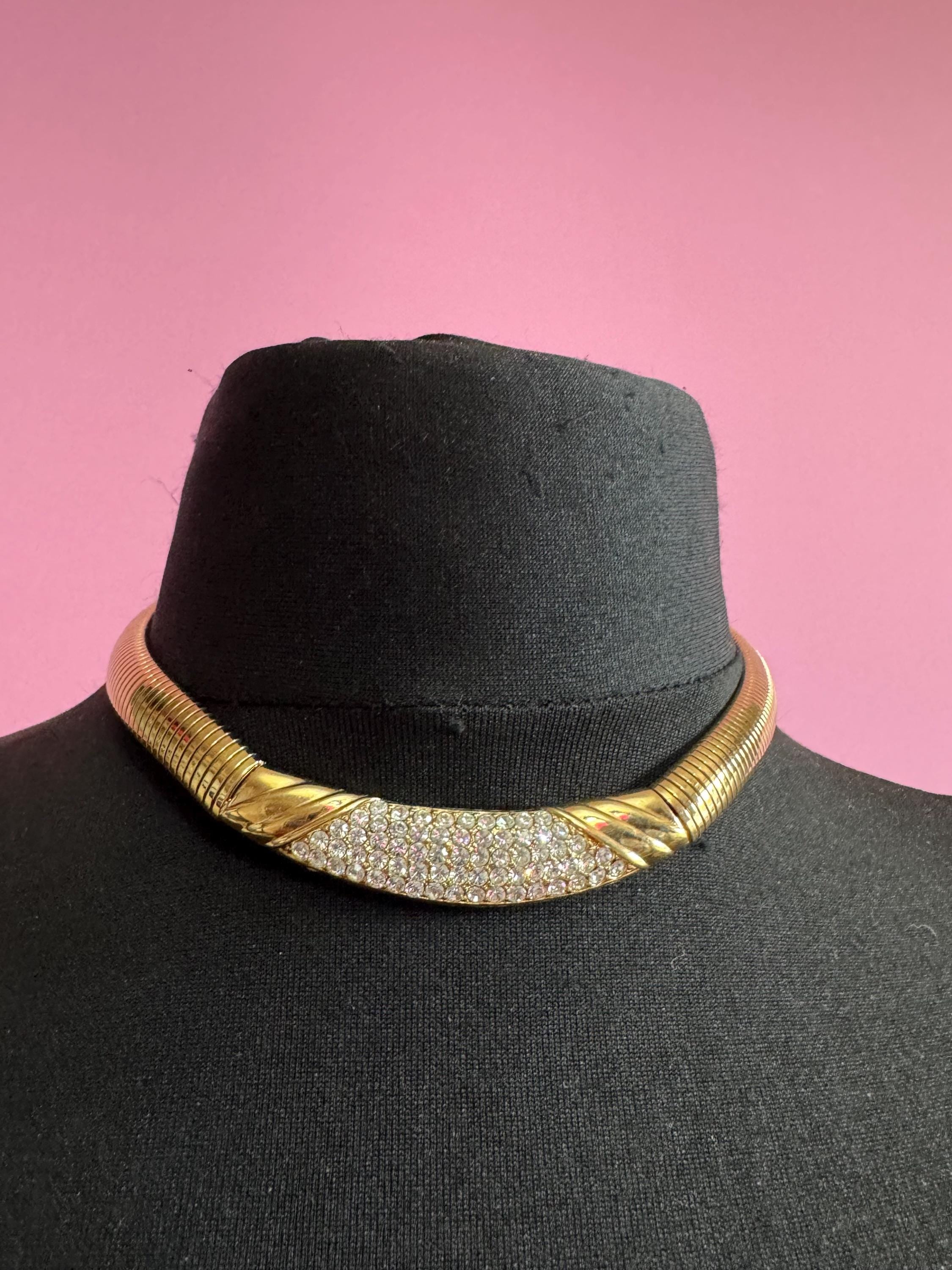 Rhinestone wide omega choker necklace, clear stones vintage 80s