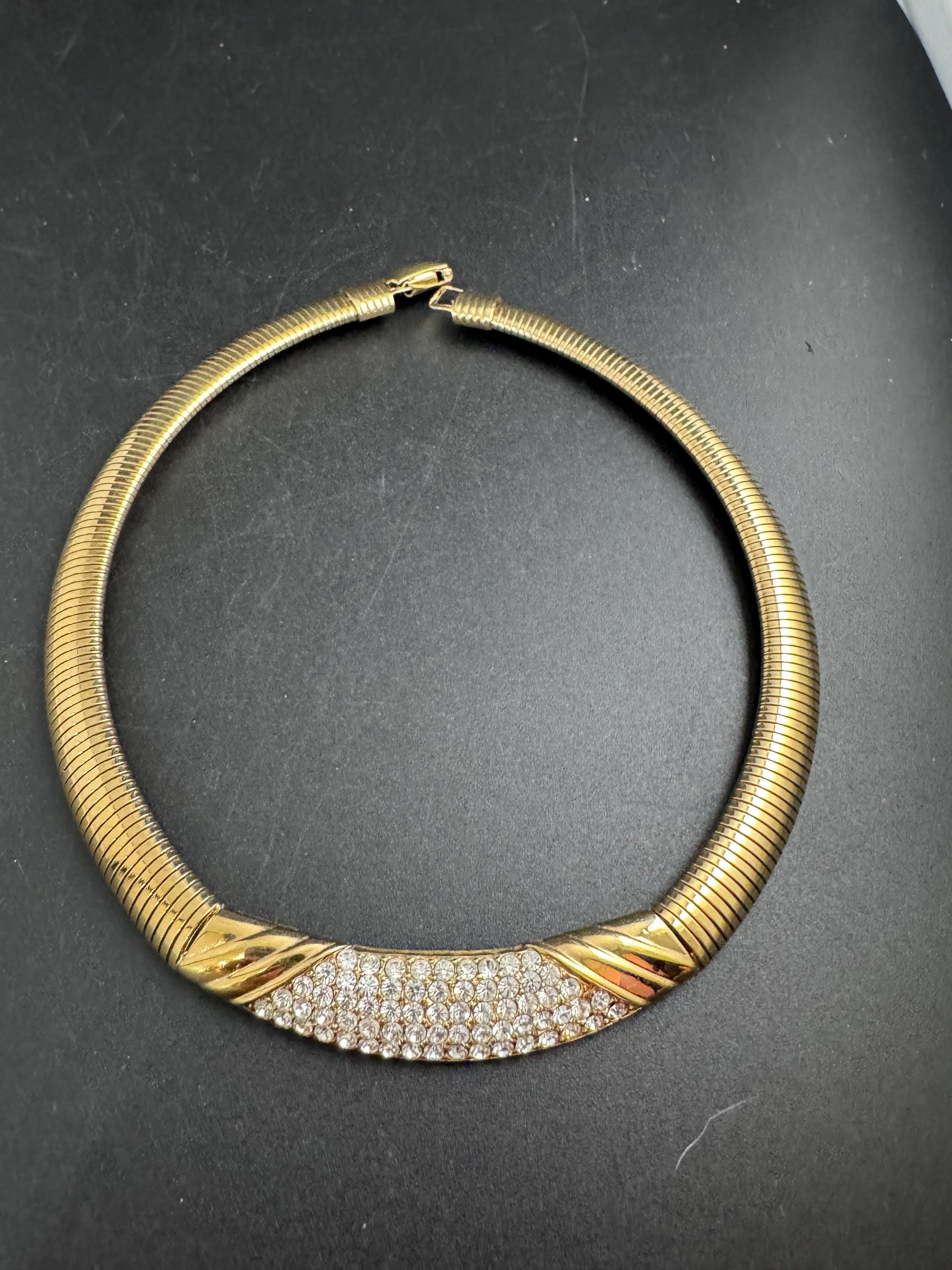 Rhinestone wide omega choker necklace, clear stones vintage 80s