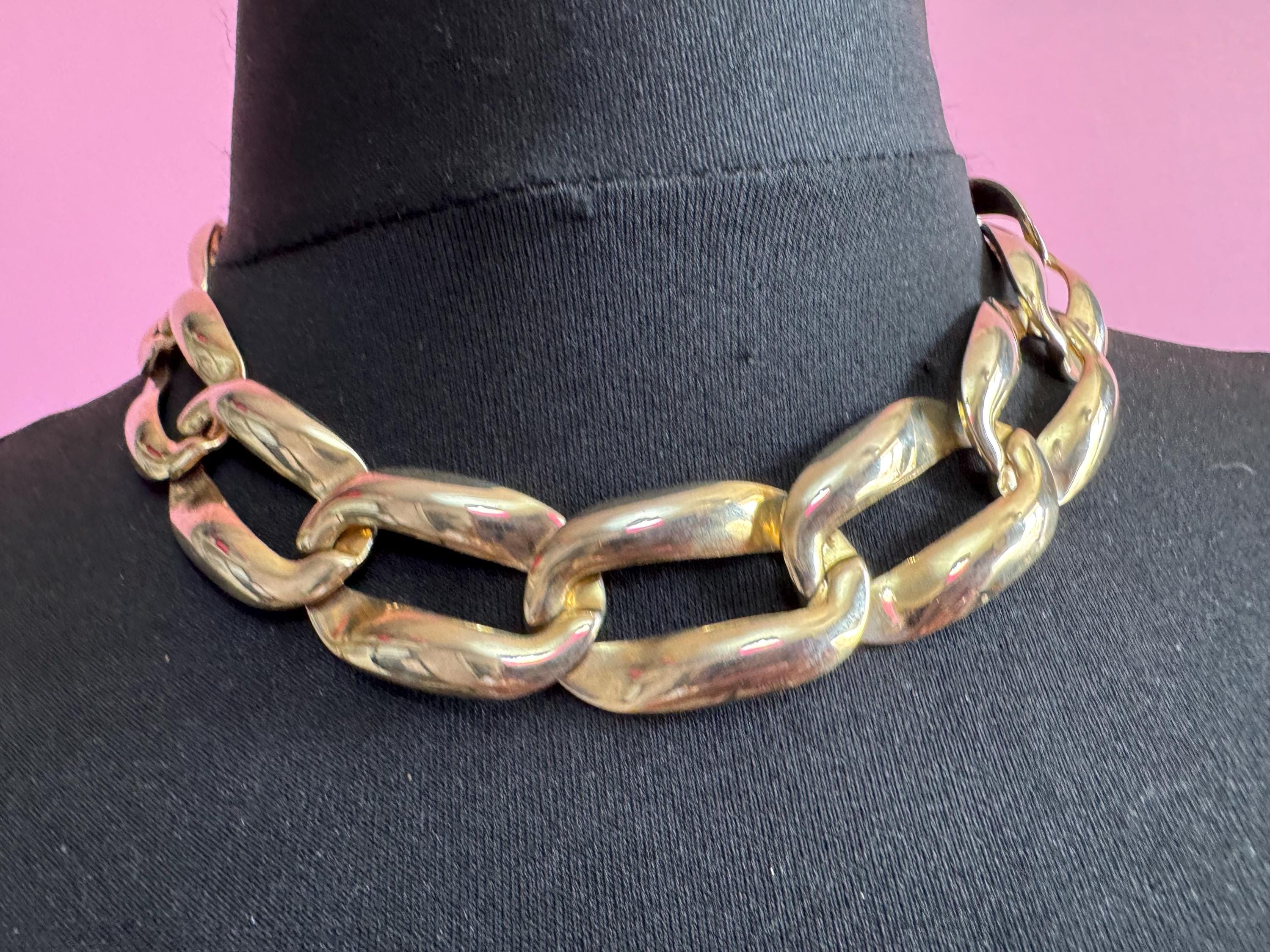 wide gold curb chain choker, chunky statement necklace 1980s