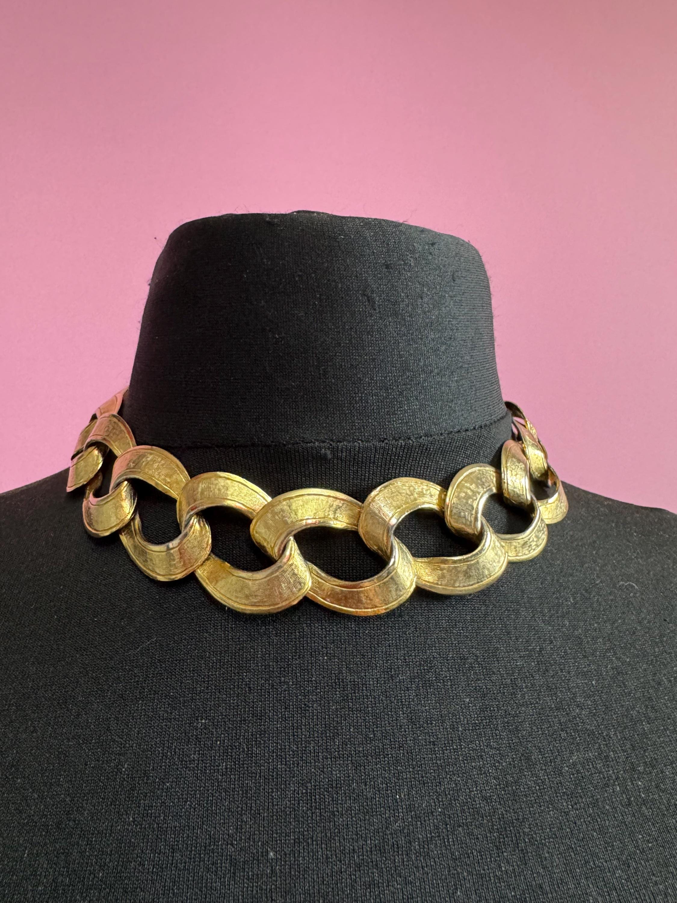 wide gold curb chain choker, chunky statement necklace 1980s