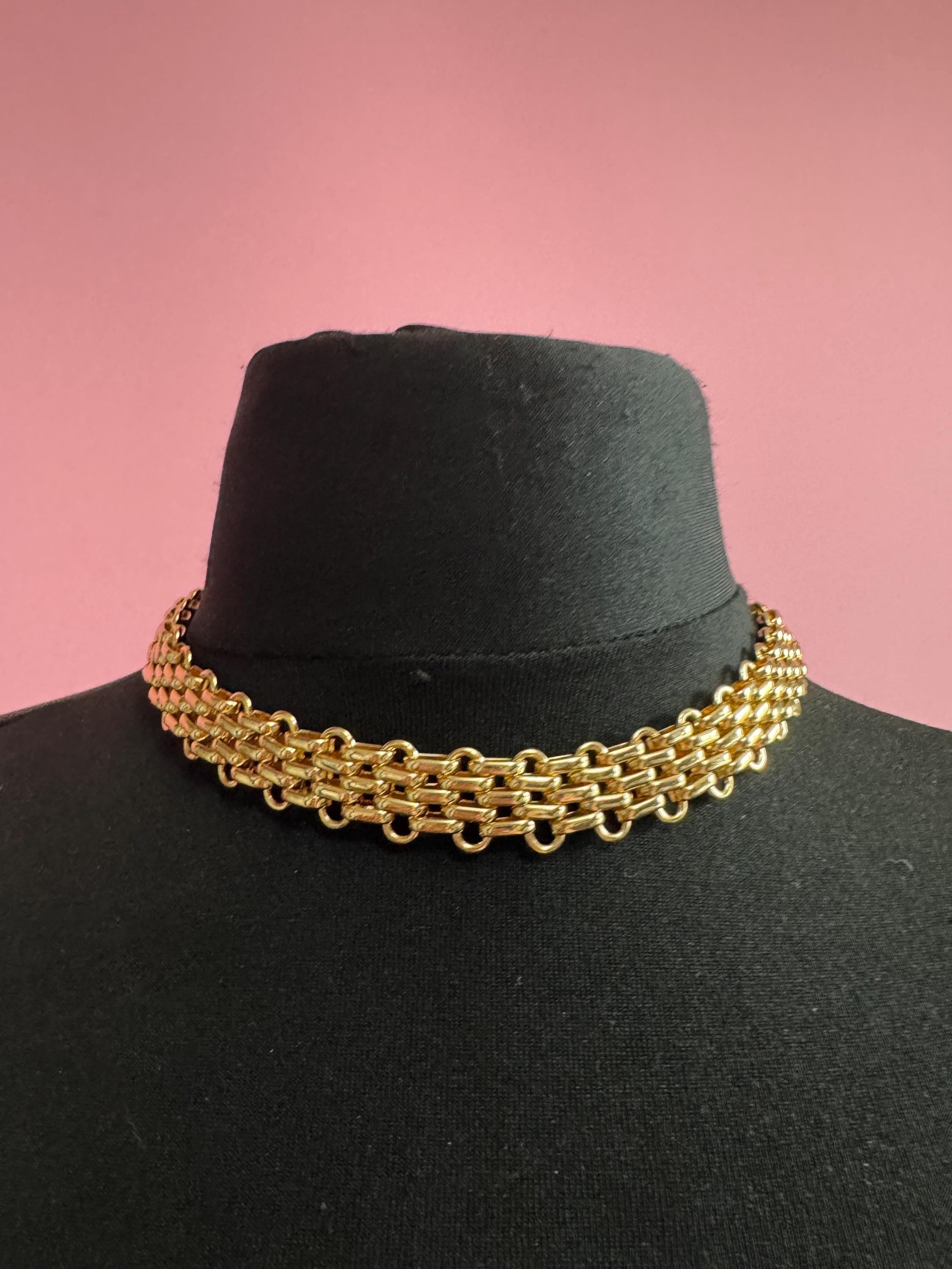 panther link wide gold choker necklace, brick link chain vintage 90s senorita clasp