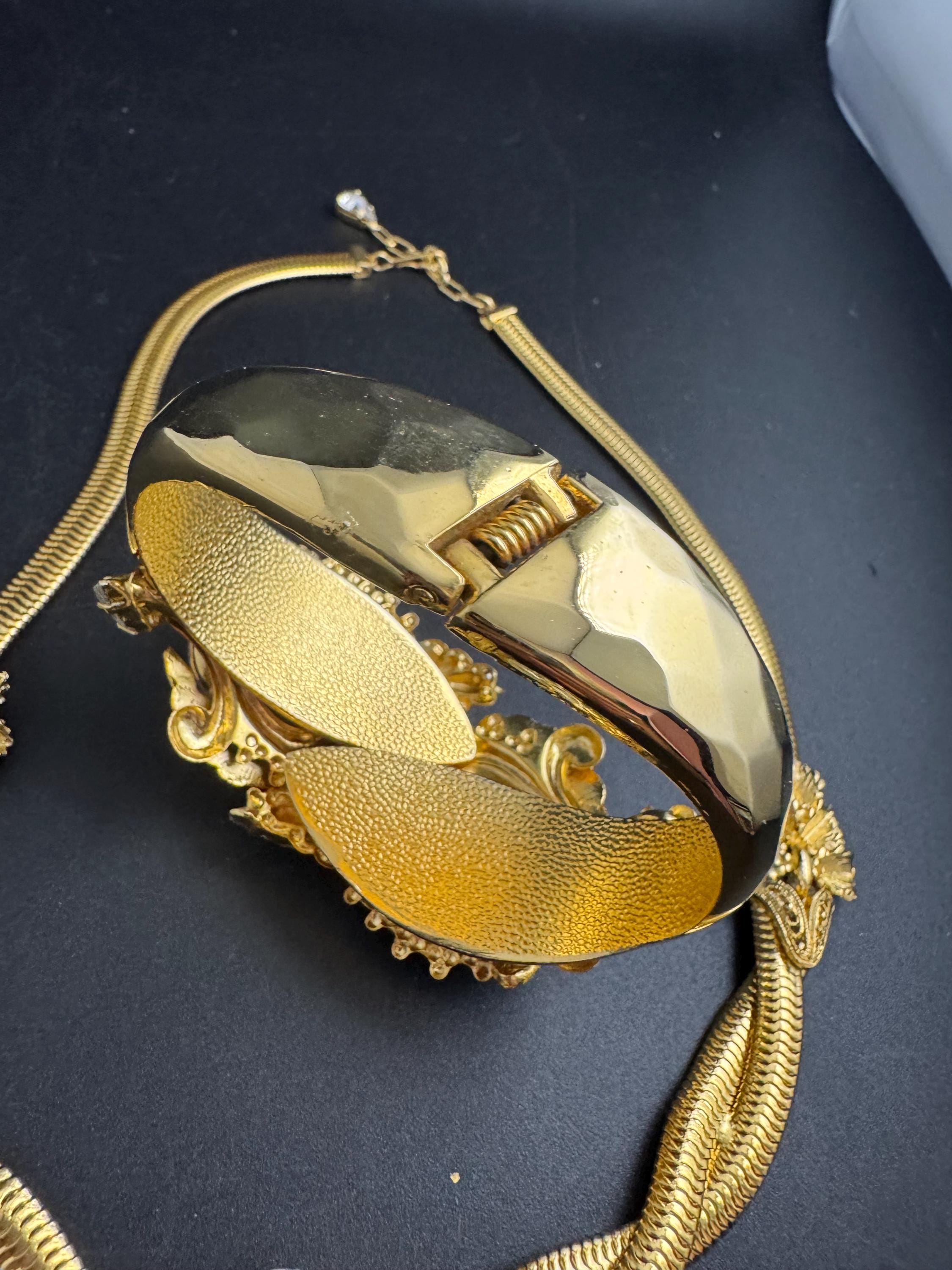 Rhinestone omega jewellery set, matching necklace and clamper bangle vintage Rivoli crystal