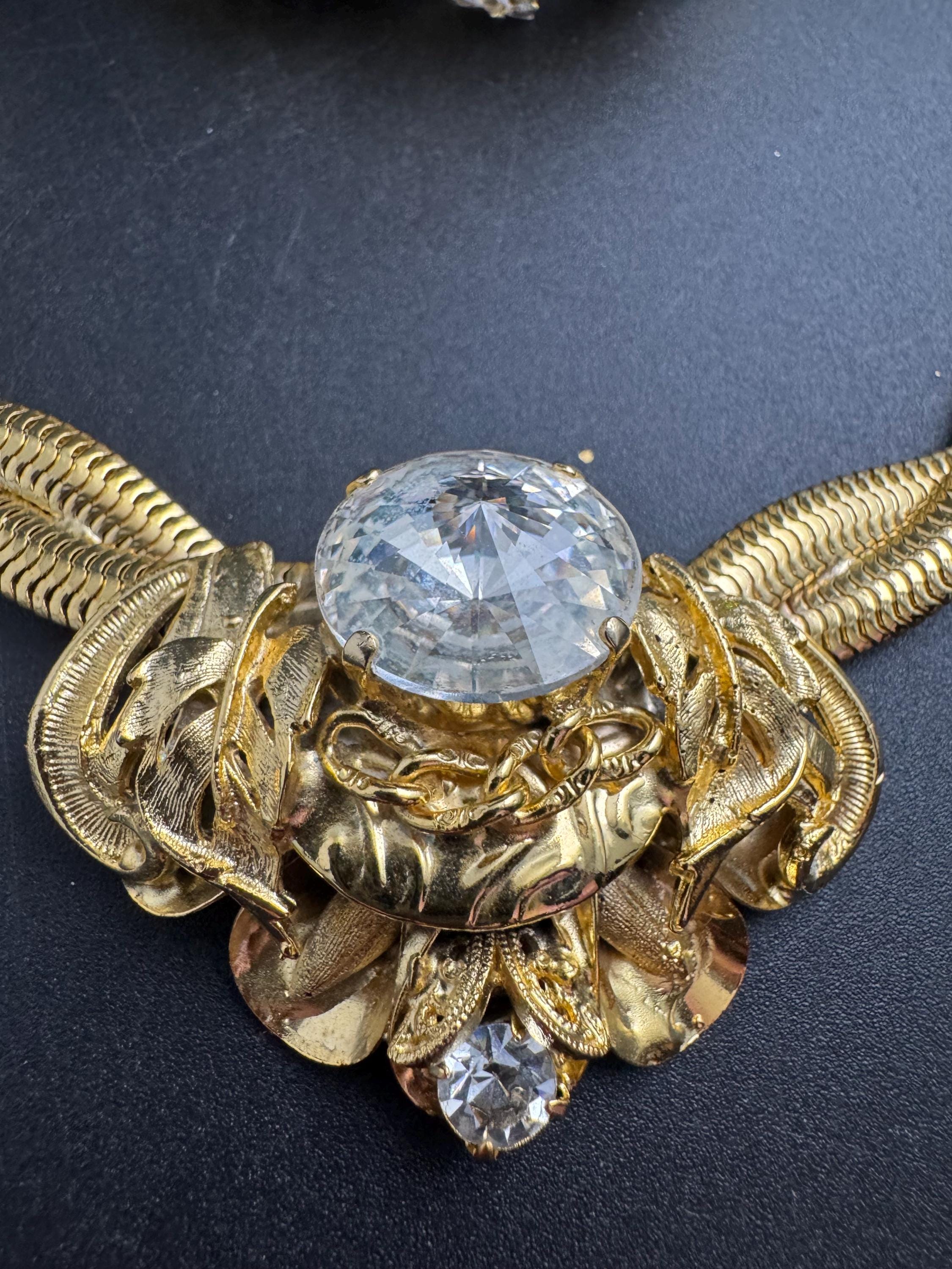 Rhinestone omega jewellery set, matching necklace and clamper bangle vintage Rivoli crystal