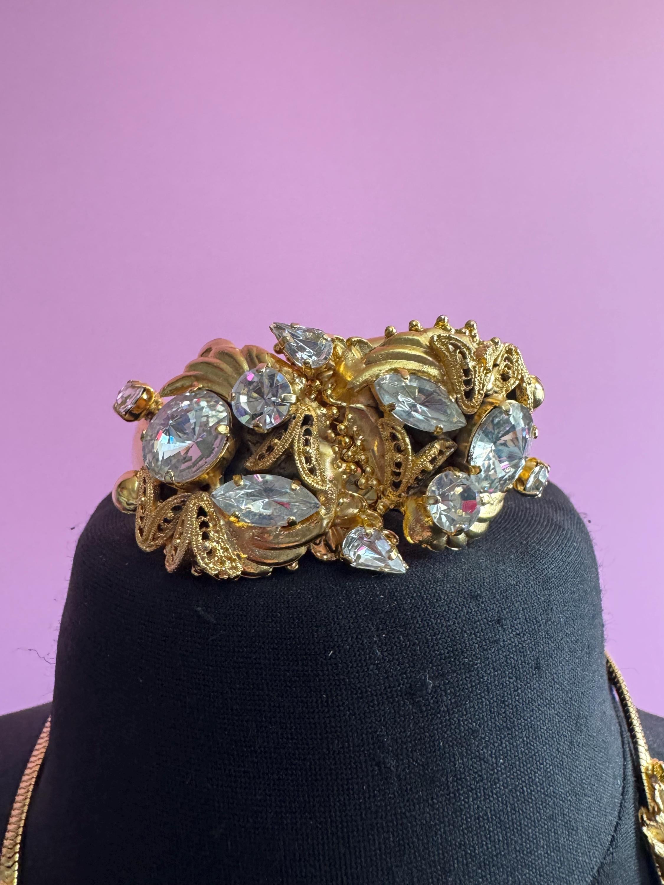 Rhinestone omega jewellery set, matching necklace and clamper bangle vintage Rivoli crystal