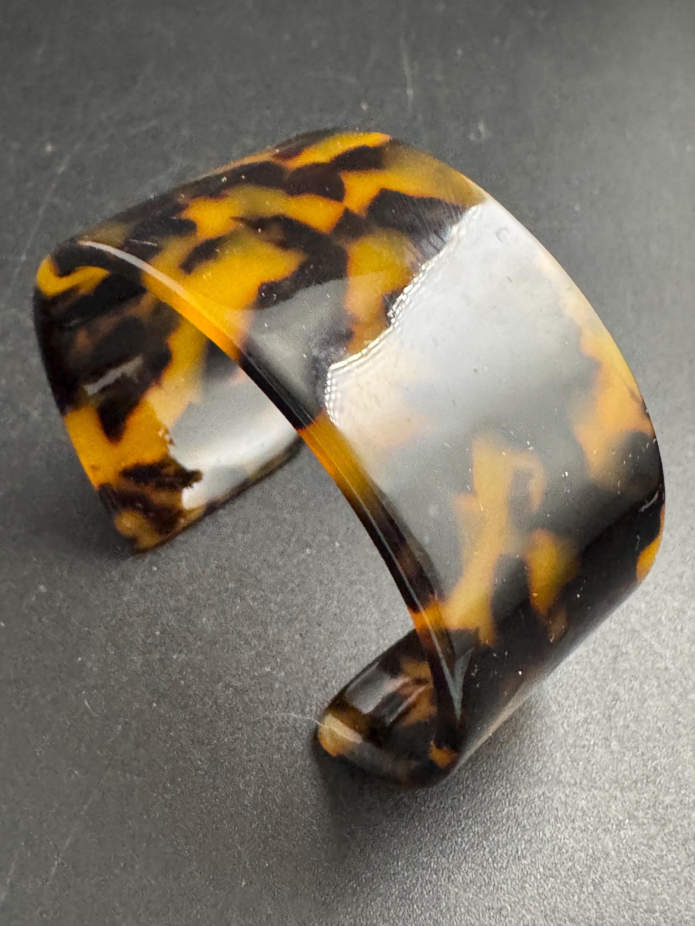 Wide tortoiseshell brown plastic bangle, vintage open cuff bracelet