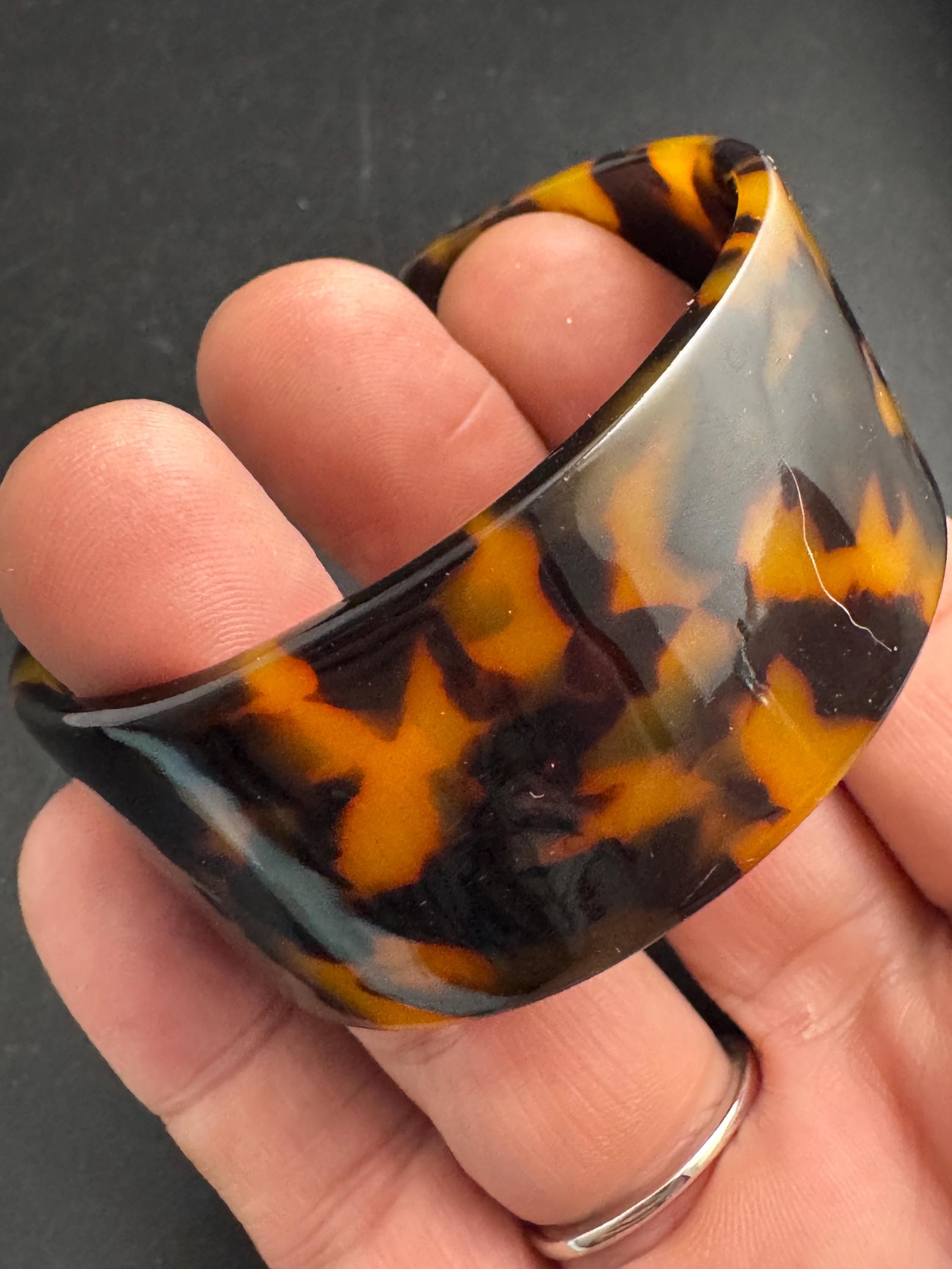 Wide tortoiseshell brown plastic bangle, vintage open cuff bracelet