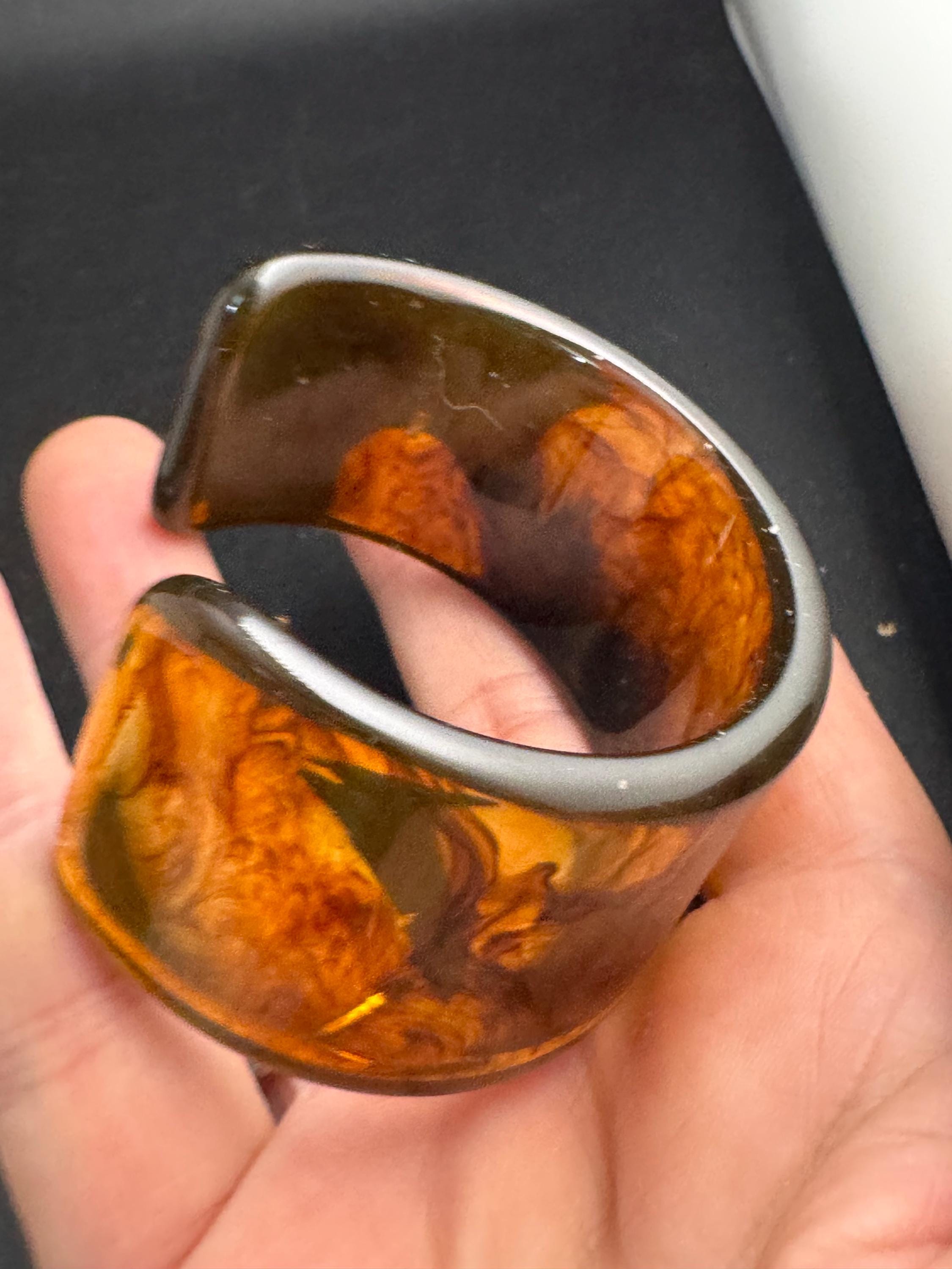 Wide tortoiseshell brown plastic bangle, vintage open cuff bracelet