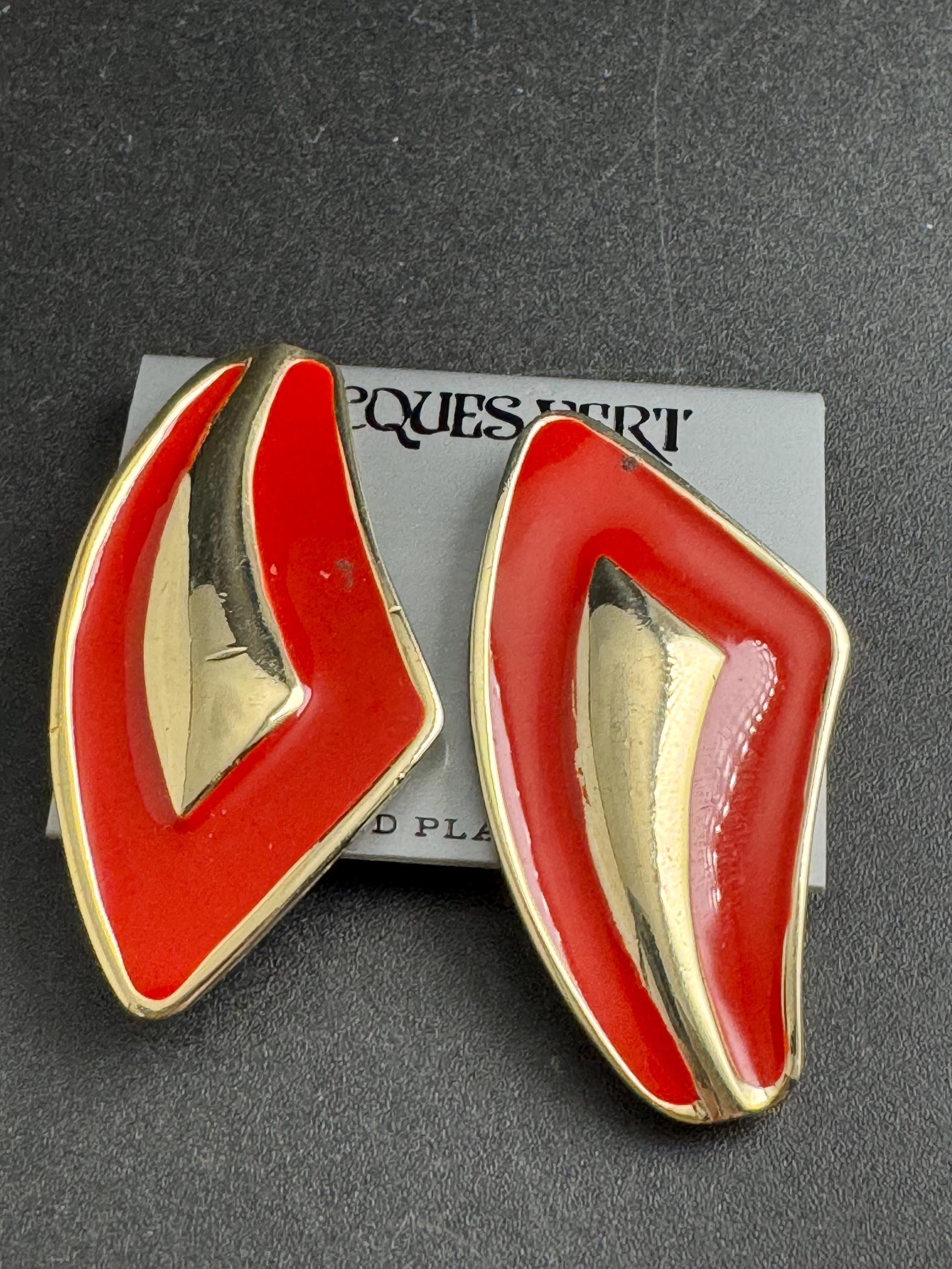 Red Enamel Clip On Earrings: jaques vert vintage gold plated