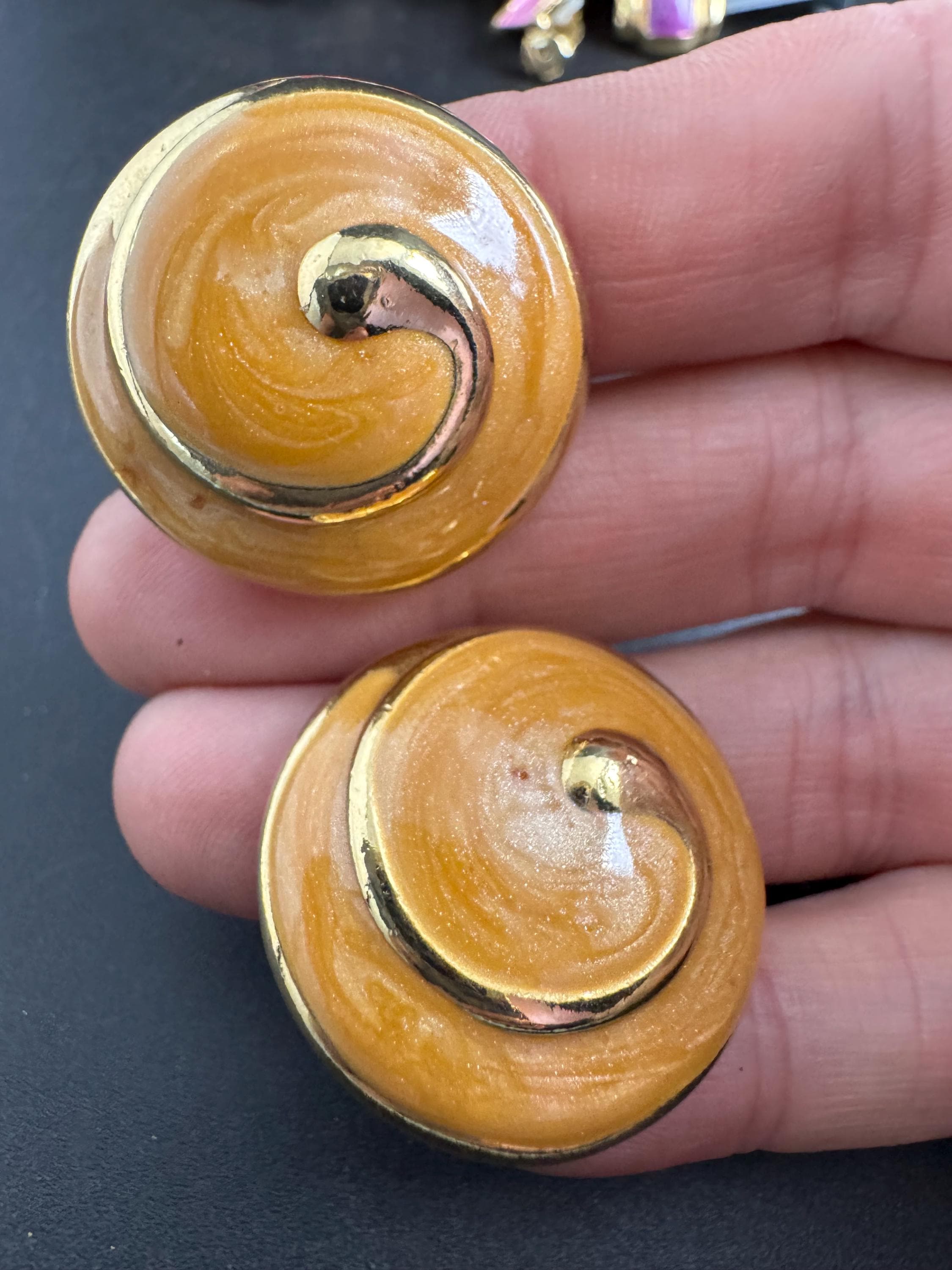 Beige neutral Enamel Clip On Earrings: jaques vert vintage gold plated