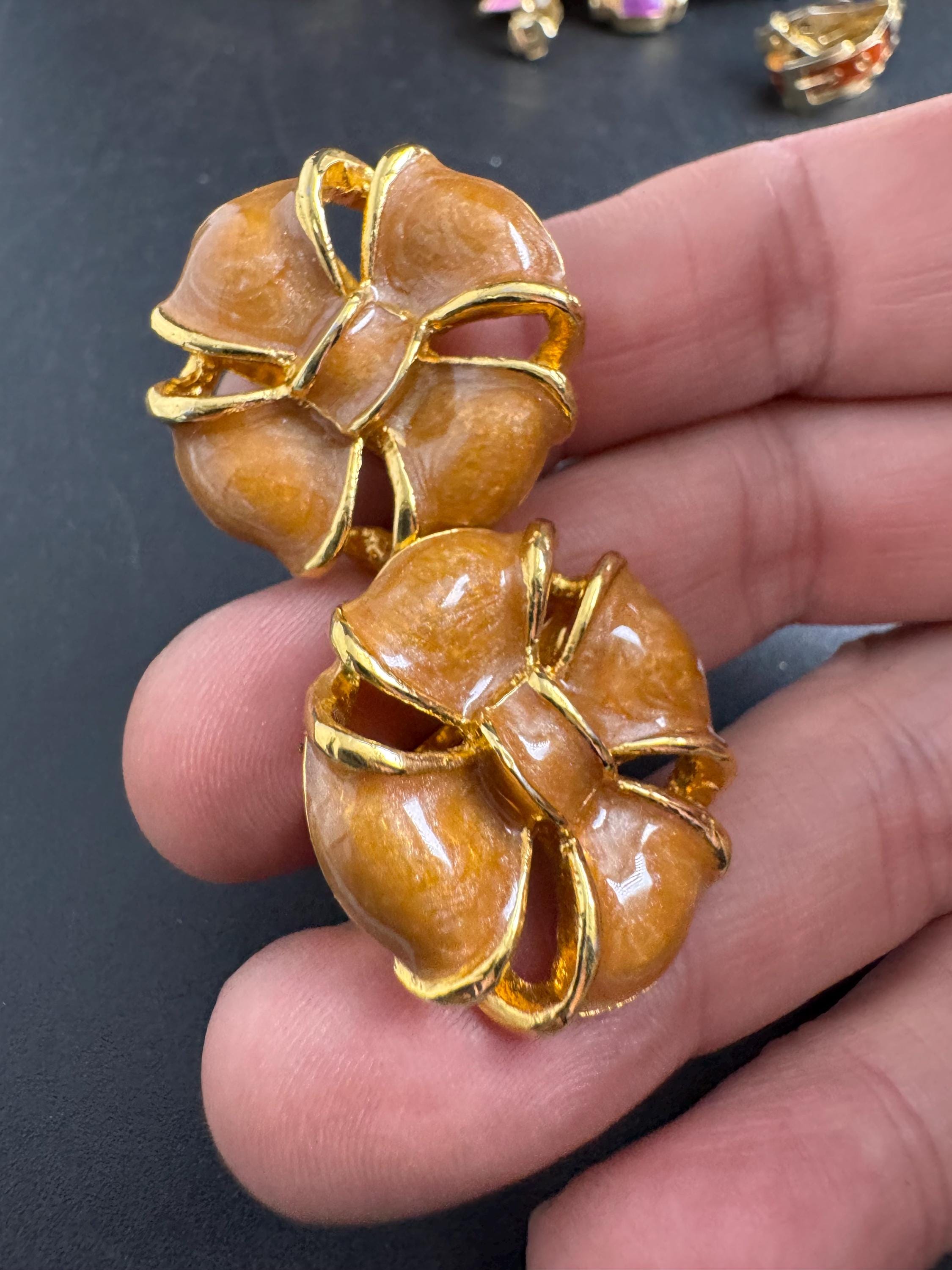 brown Enamel Clip On Earrings: jaques vert vintage gold plated