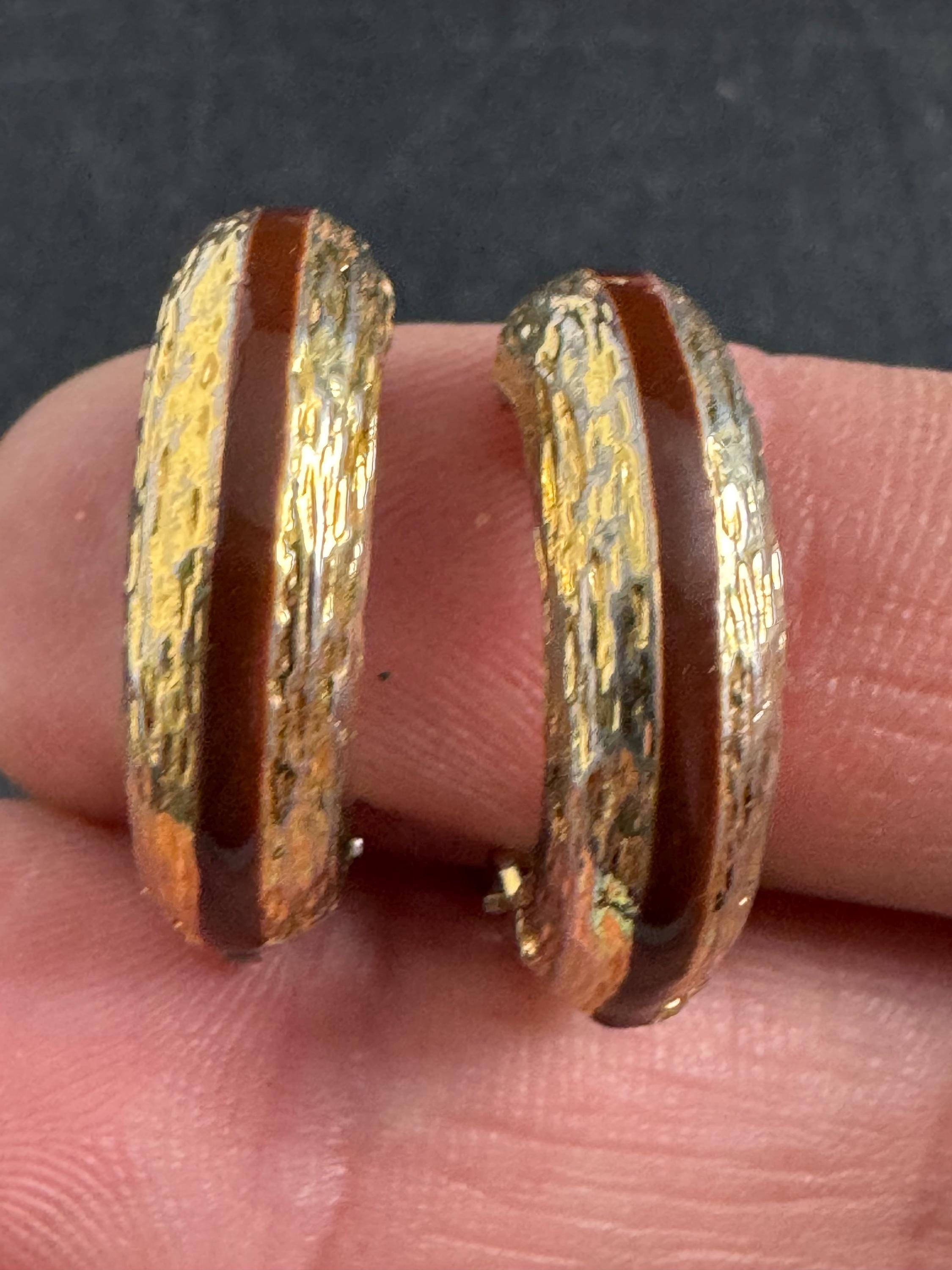 brown Enamel Clip On Earrings: half hoop vintage gold tone