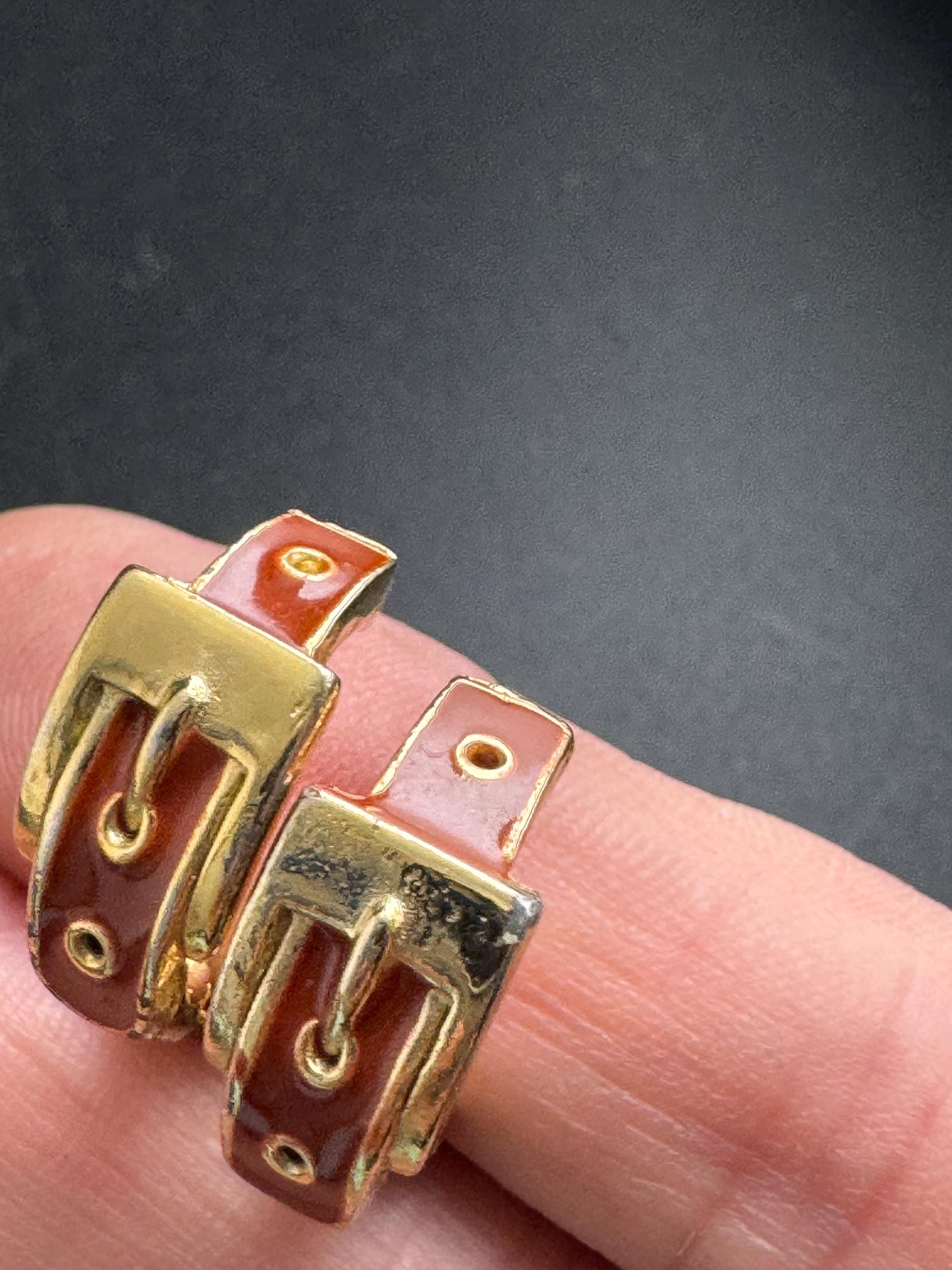 brown Enamel Clip On Earrings: half belt buckle hoop vintage gold tone