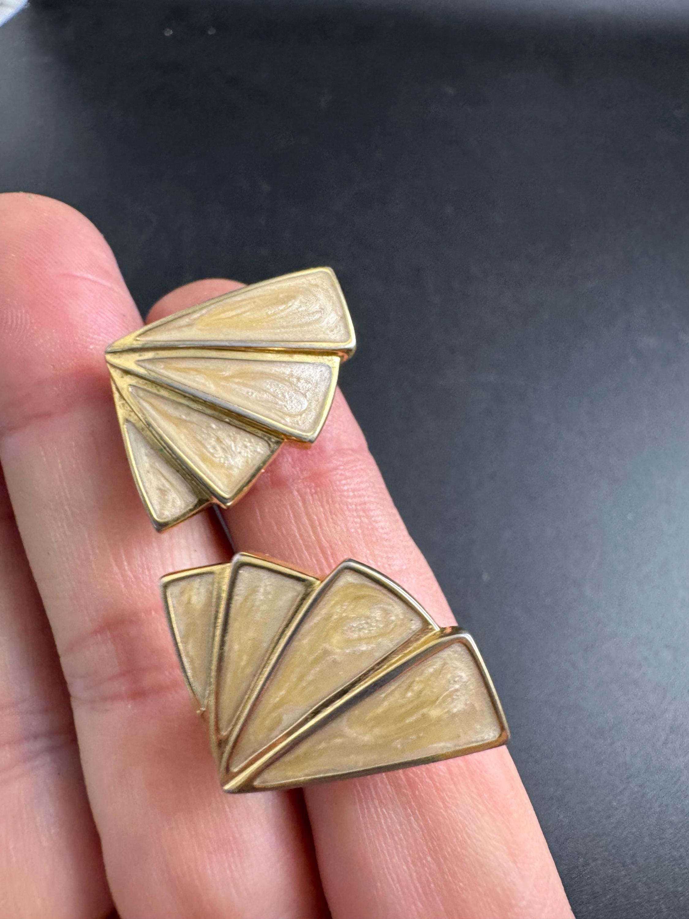 Beige cream Enamel Clip On Earrings: vintage gold plated