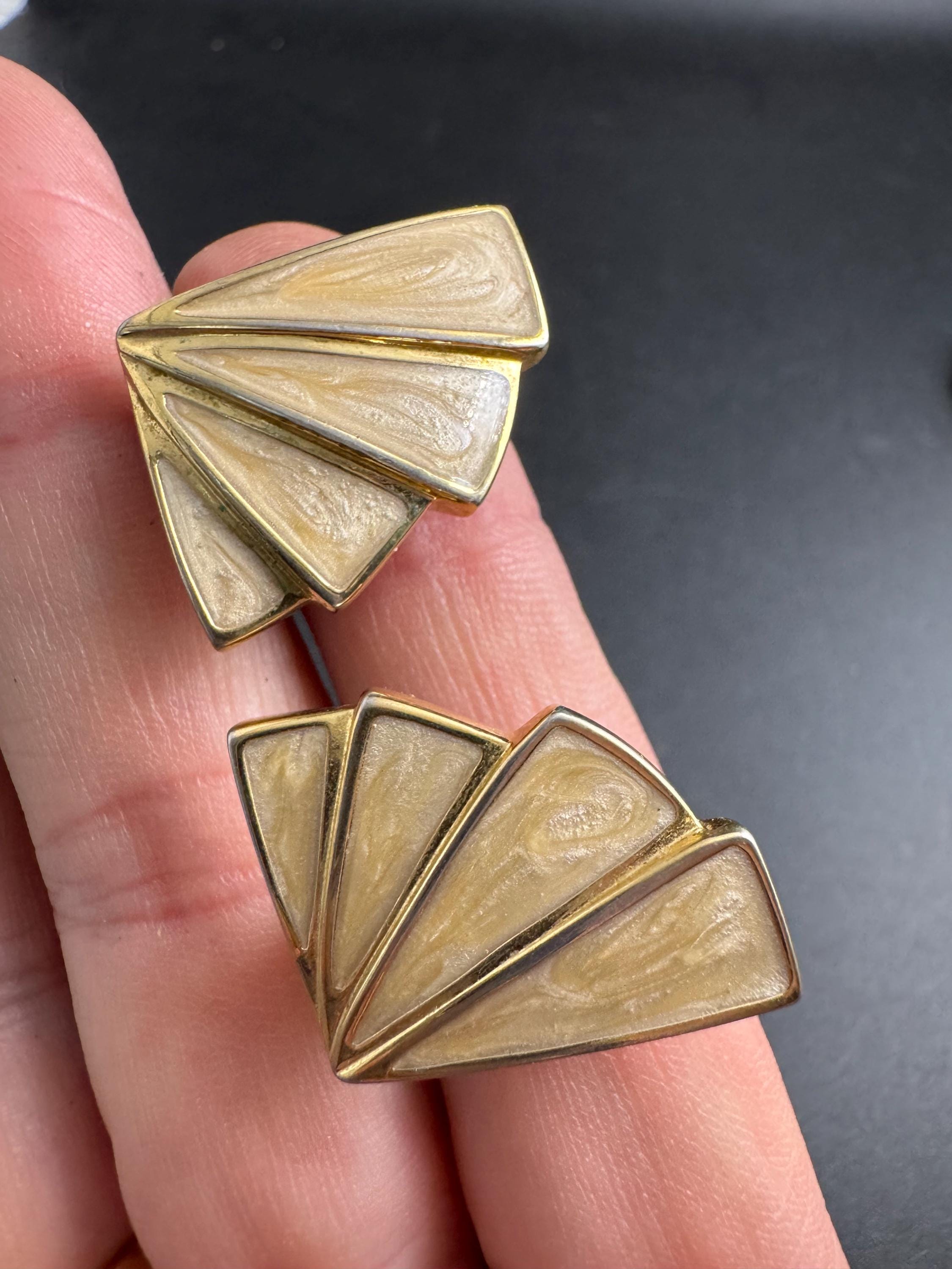 Beige cream Enamel Clip On Earrings: vintage gold plated