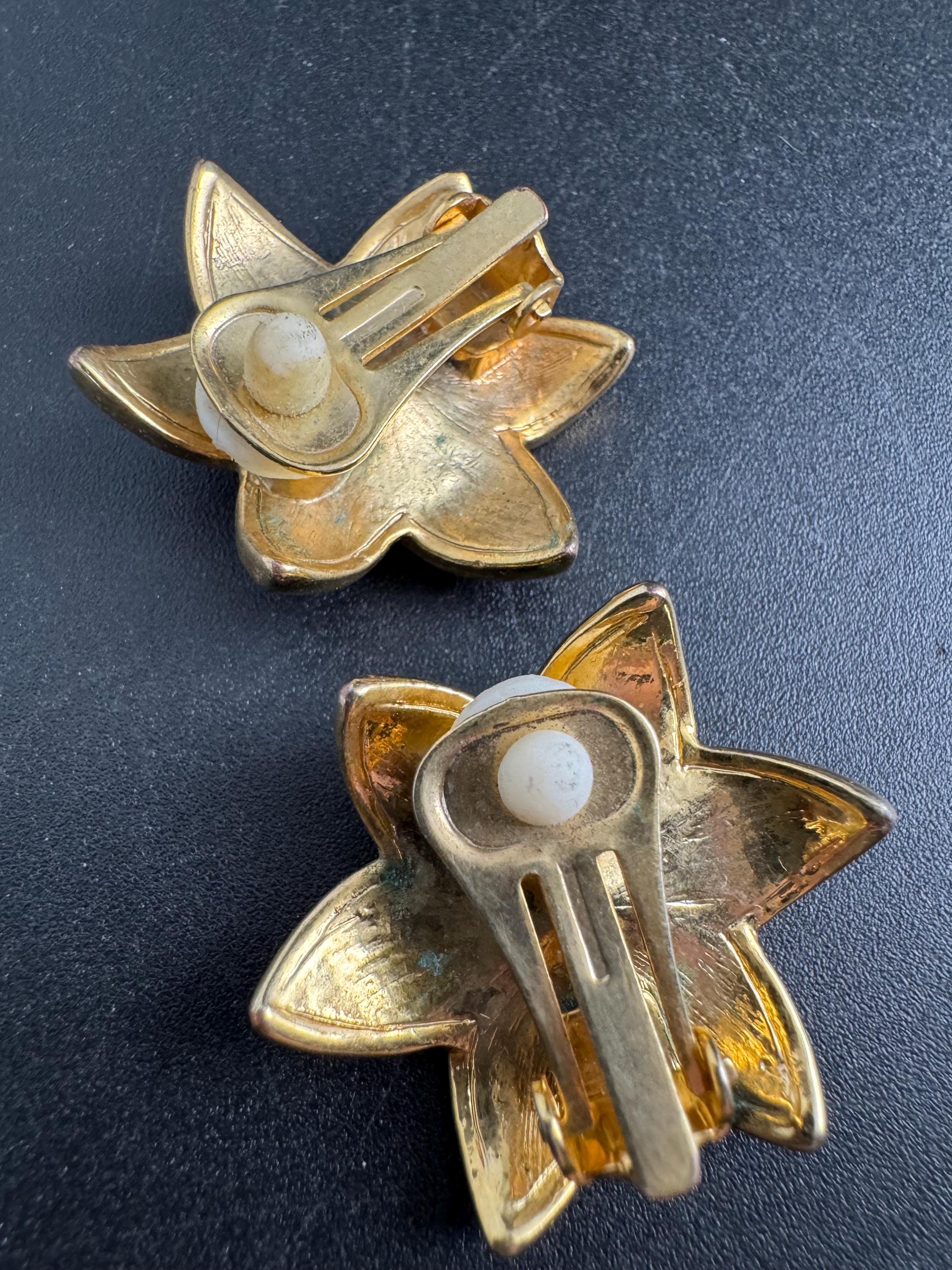 Orange flower Enamel Clip On Earrings: jaques vert vintage gold plated faux pearl