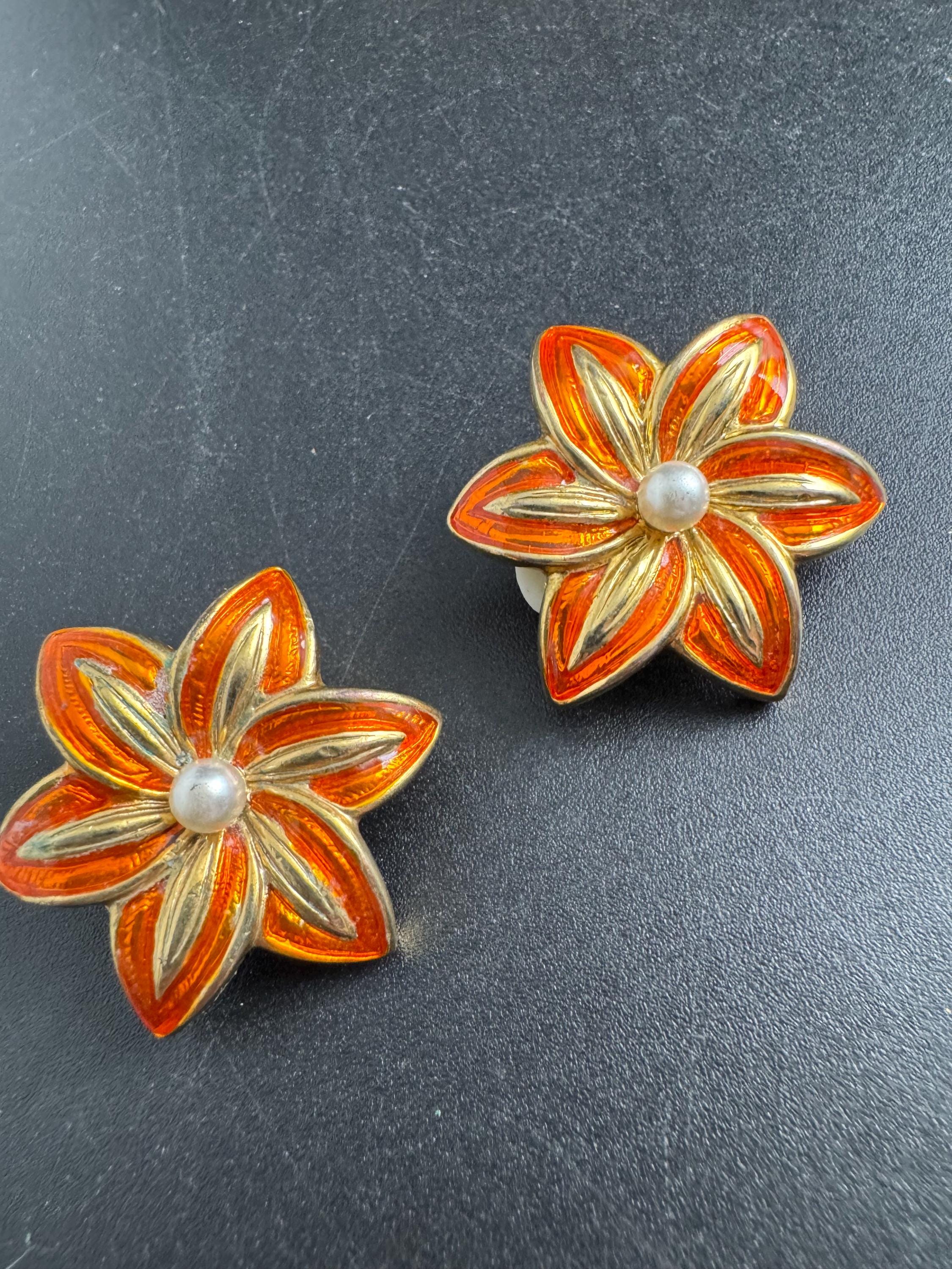 Orange flower Enamel Clip On Earrings: jaques vert vintage gold plated faux pearl