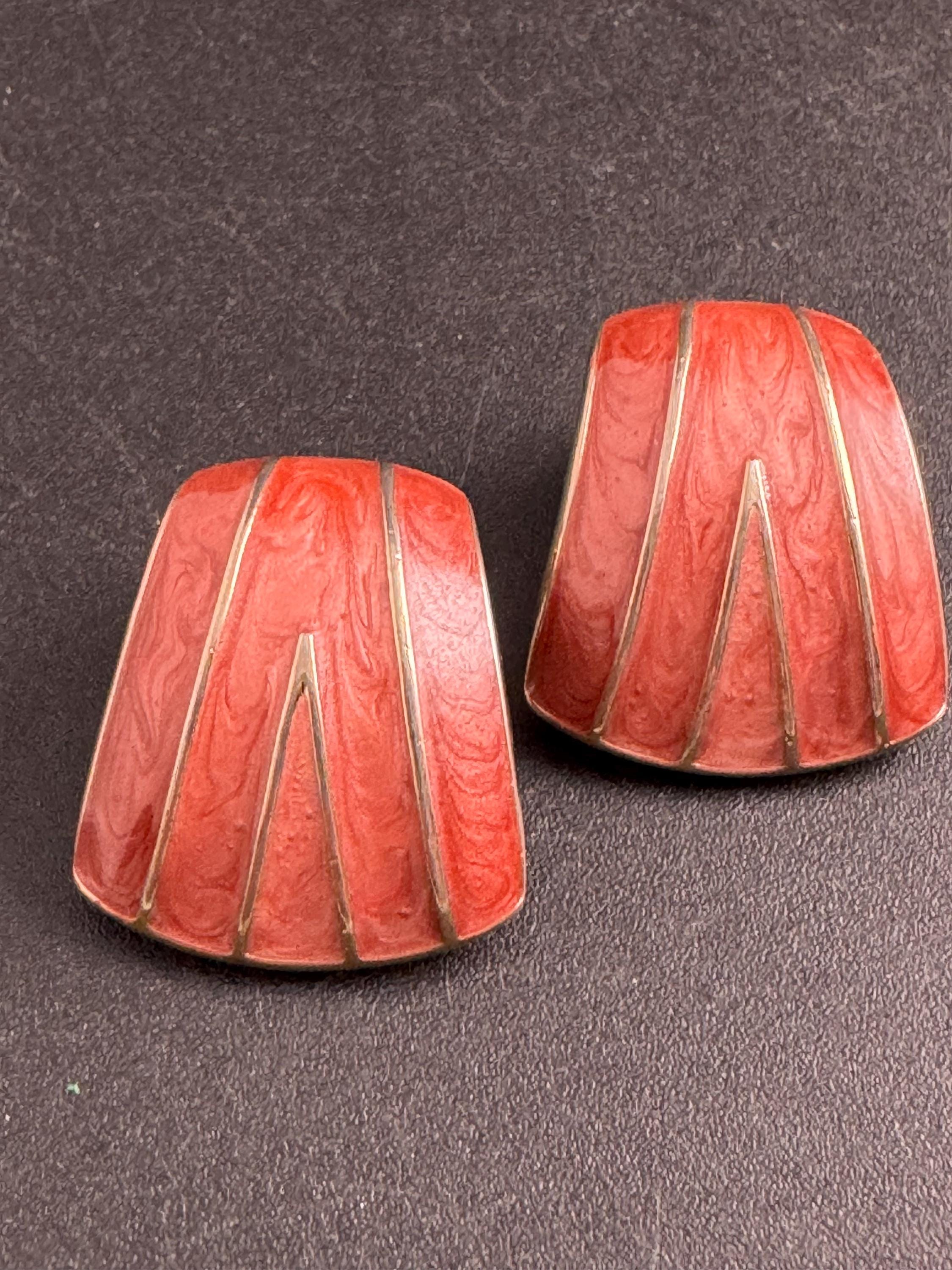 Pink Enamel Clip On Earrings: vintage gold plated dusky rose pink