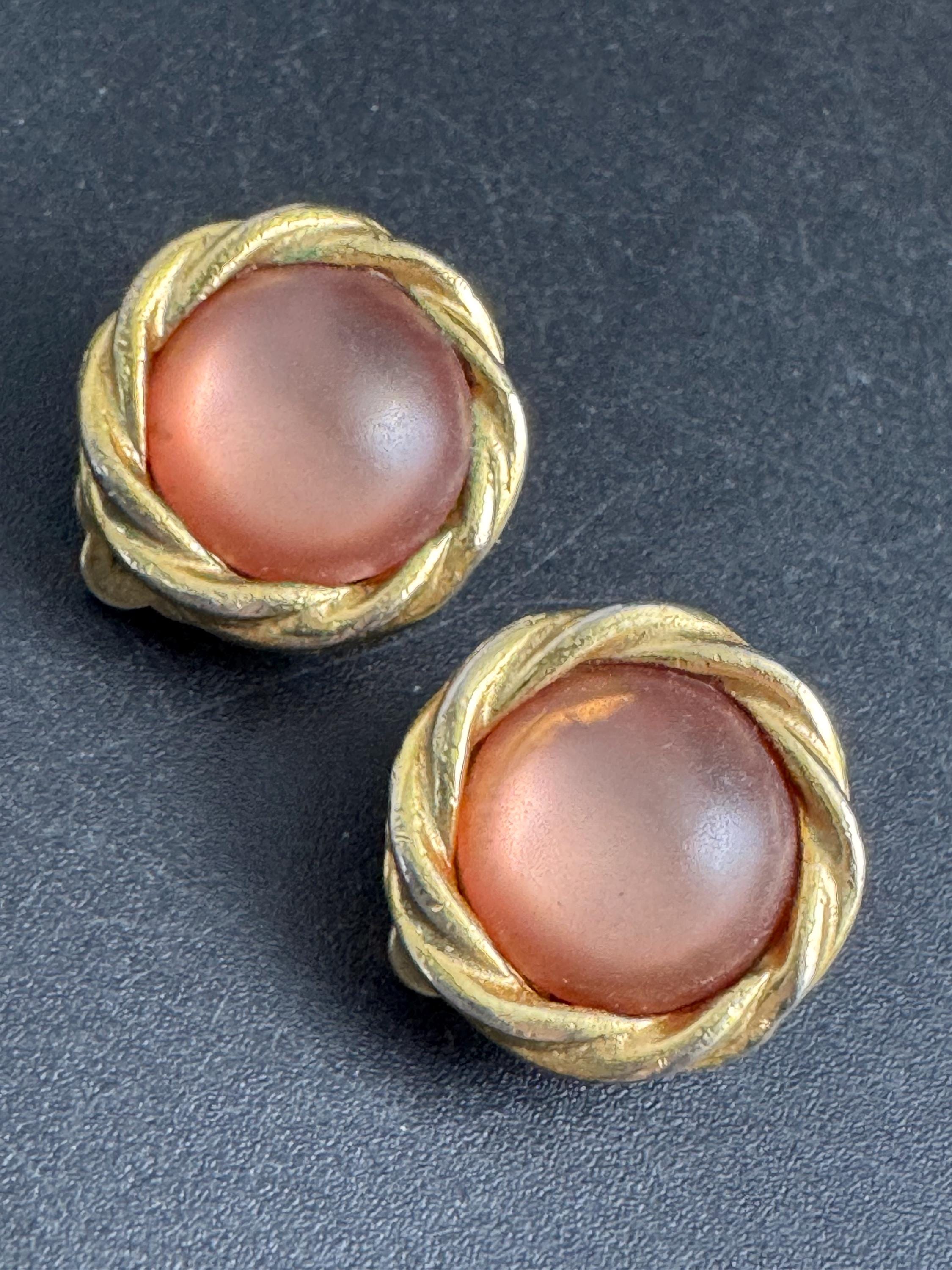 Frosted Pink Clip On Earrings: signed DMJ vintage gold tone
