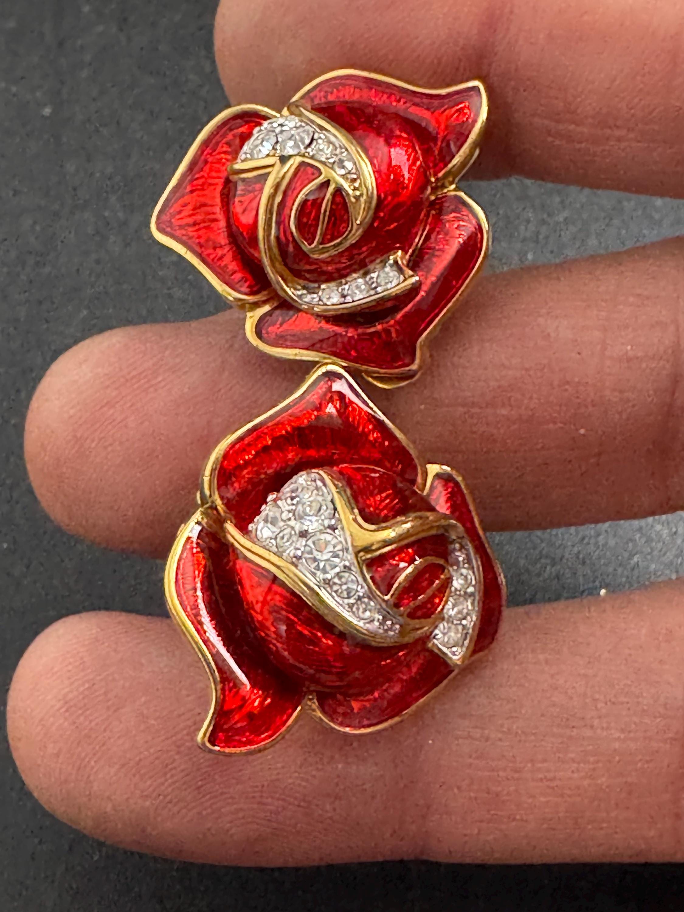 Red rose Enamel Clip On Earrings: diamante vintage gold plated