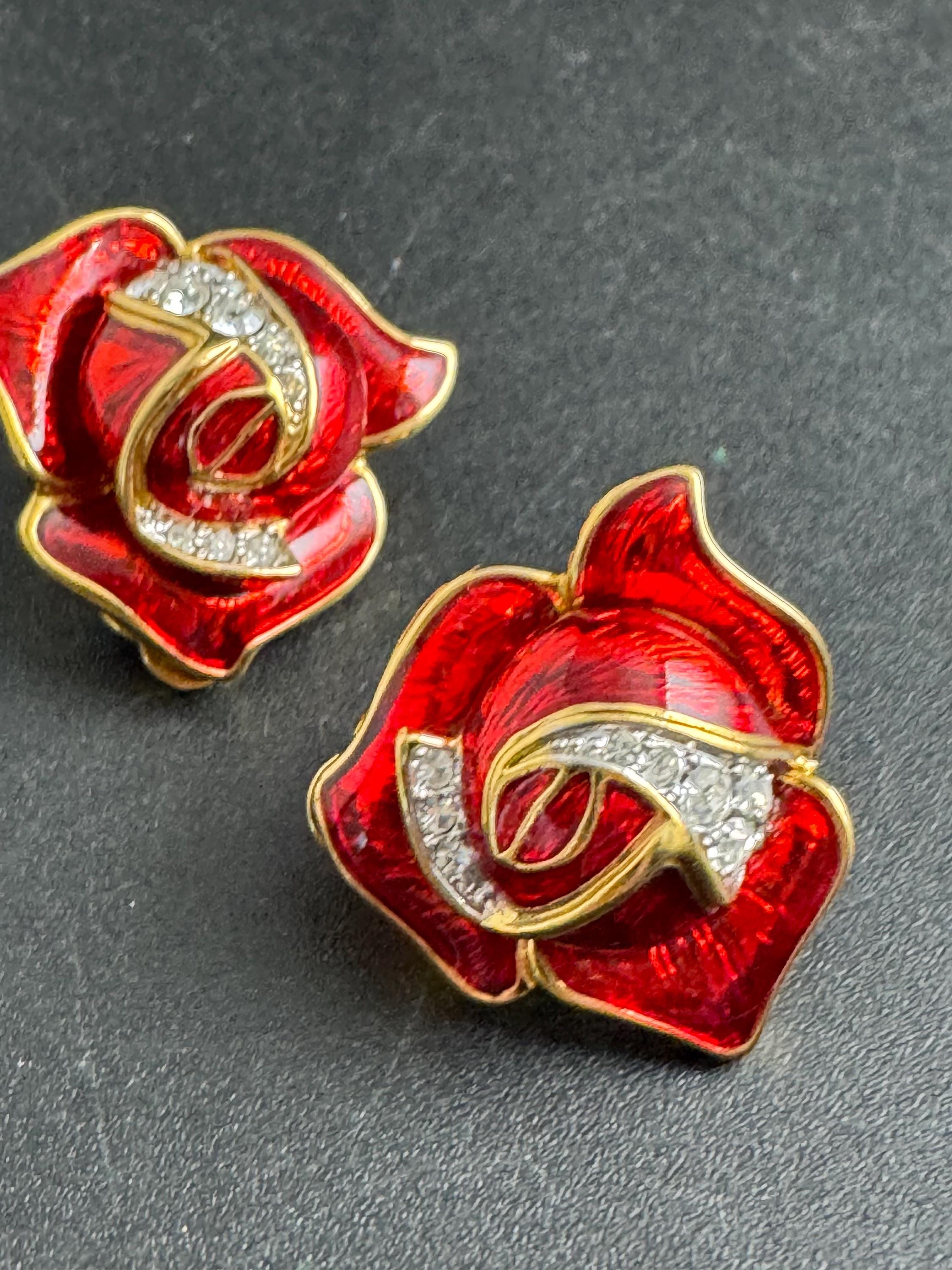Red rose Enamel Clip On Earrings: diamante vintage gold plated