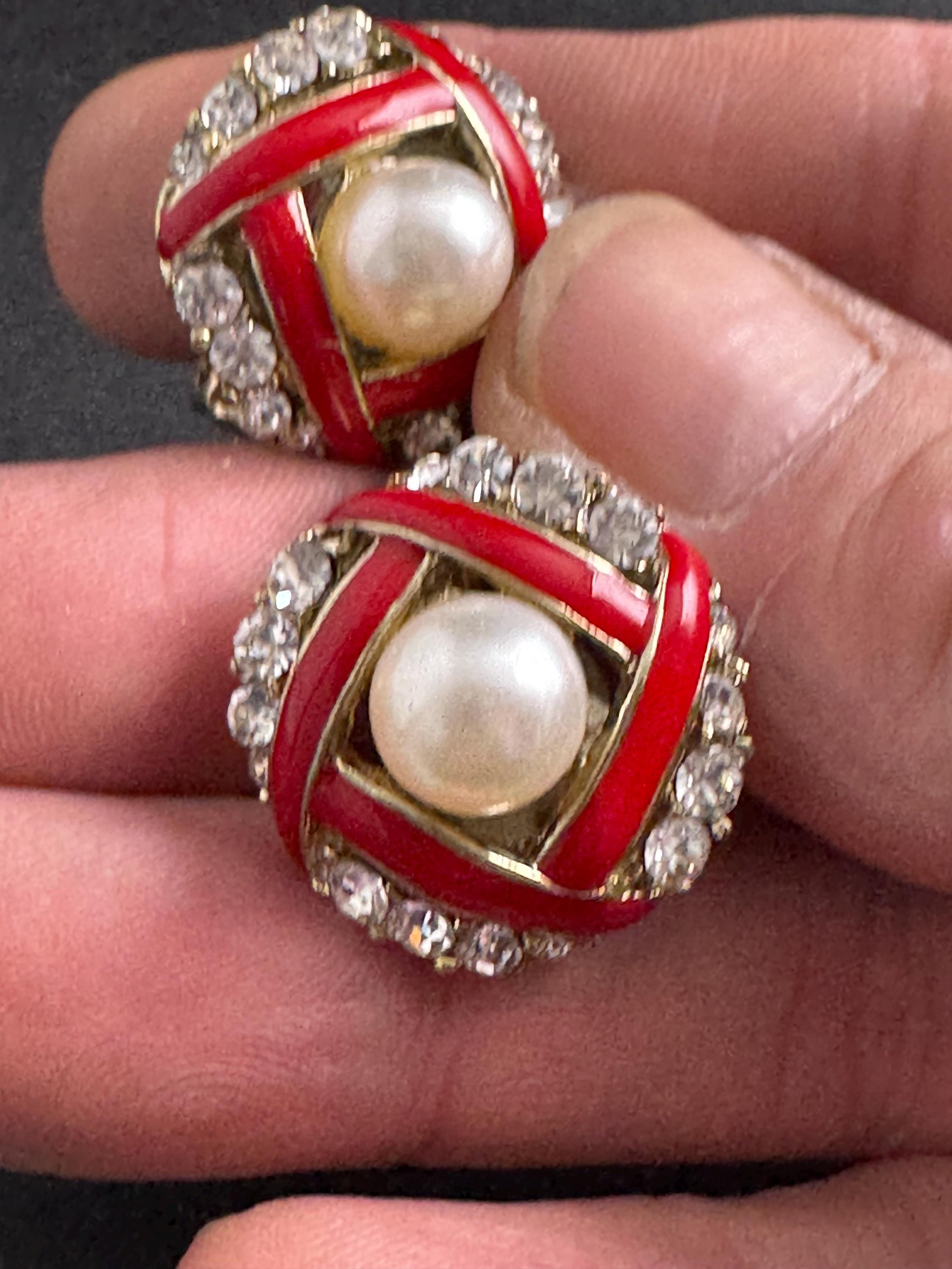 Red Enamel pearl Clip On Earrings: diamante vintage gold plated