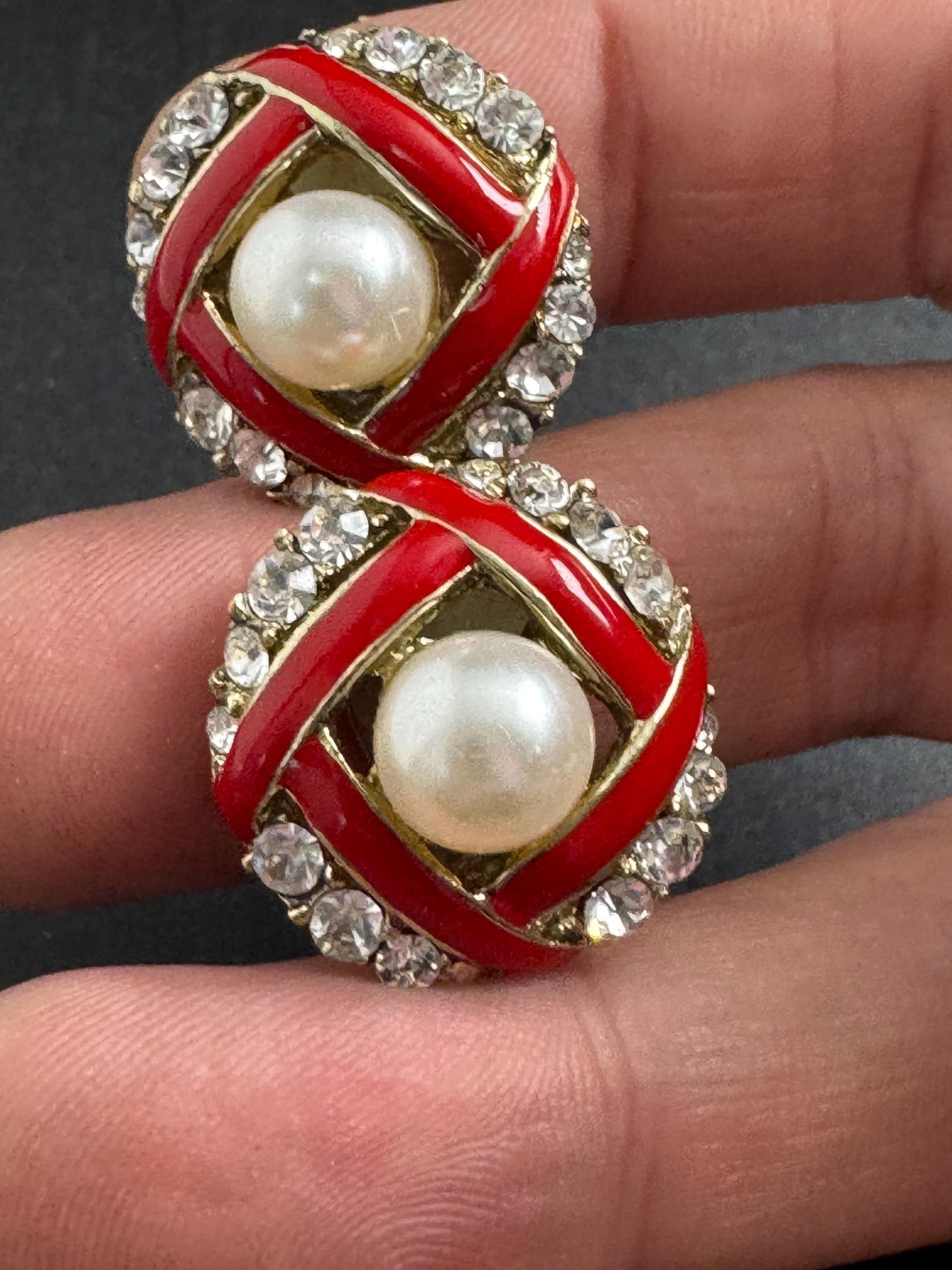 Red Enamel pearl Clip On Earrings: diamante vintage gold plated