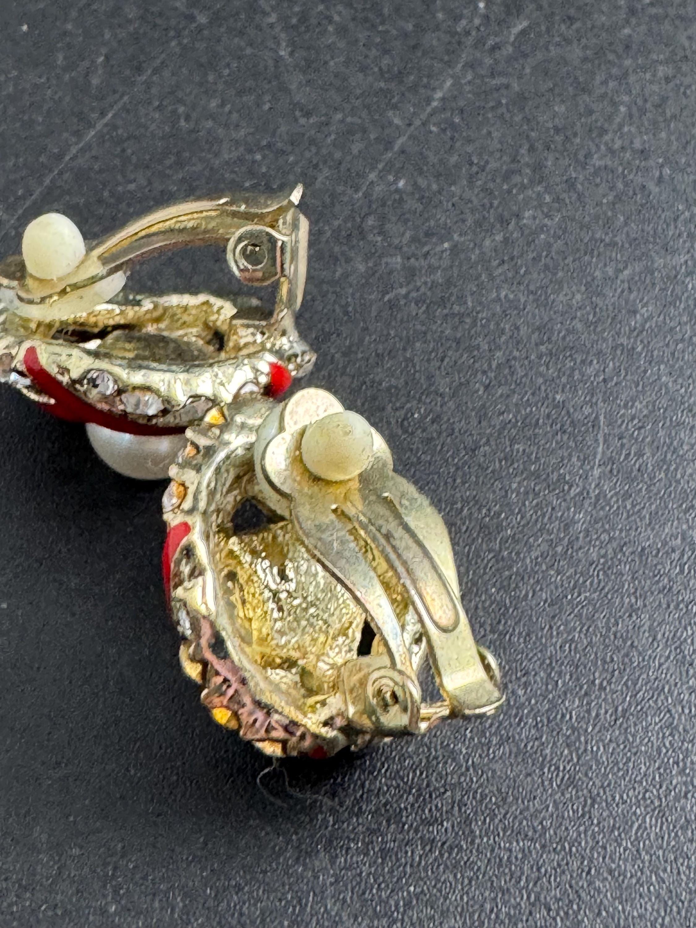 Red Enamel pearl Clip On Earrings: diamante vintage gold plated