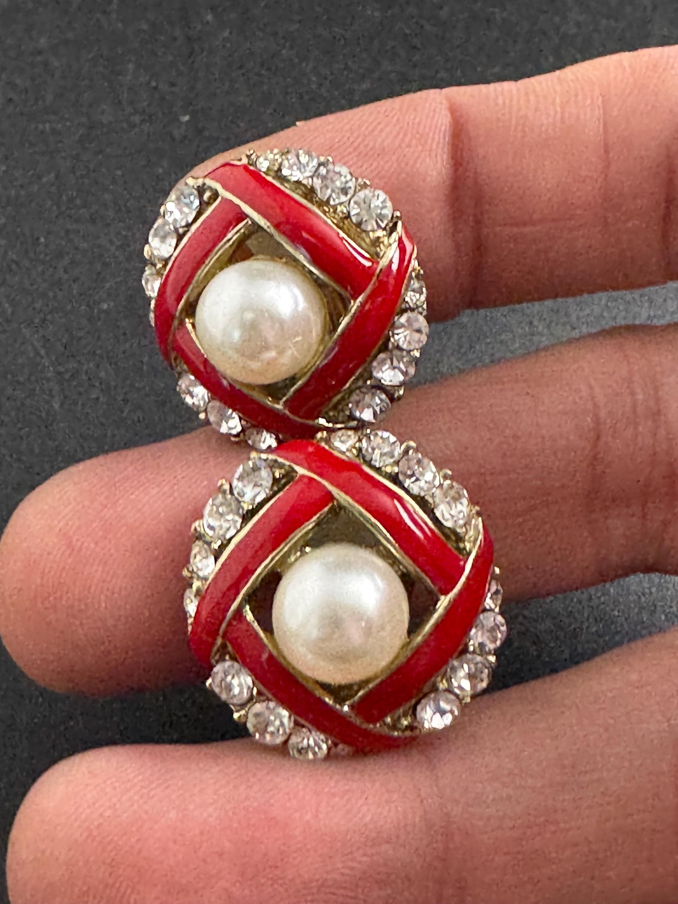 Red Enamel pearl Clip On Earrings: diamante vintage gold plated