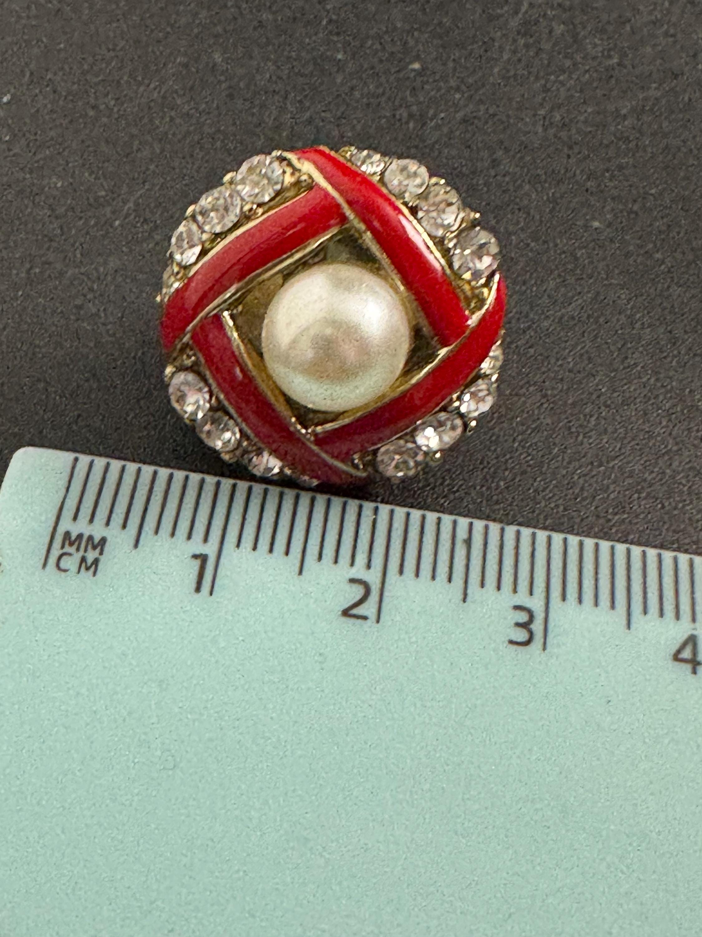 Red Enamel pearl Clip On Earrings: diamante vintage gold plated