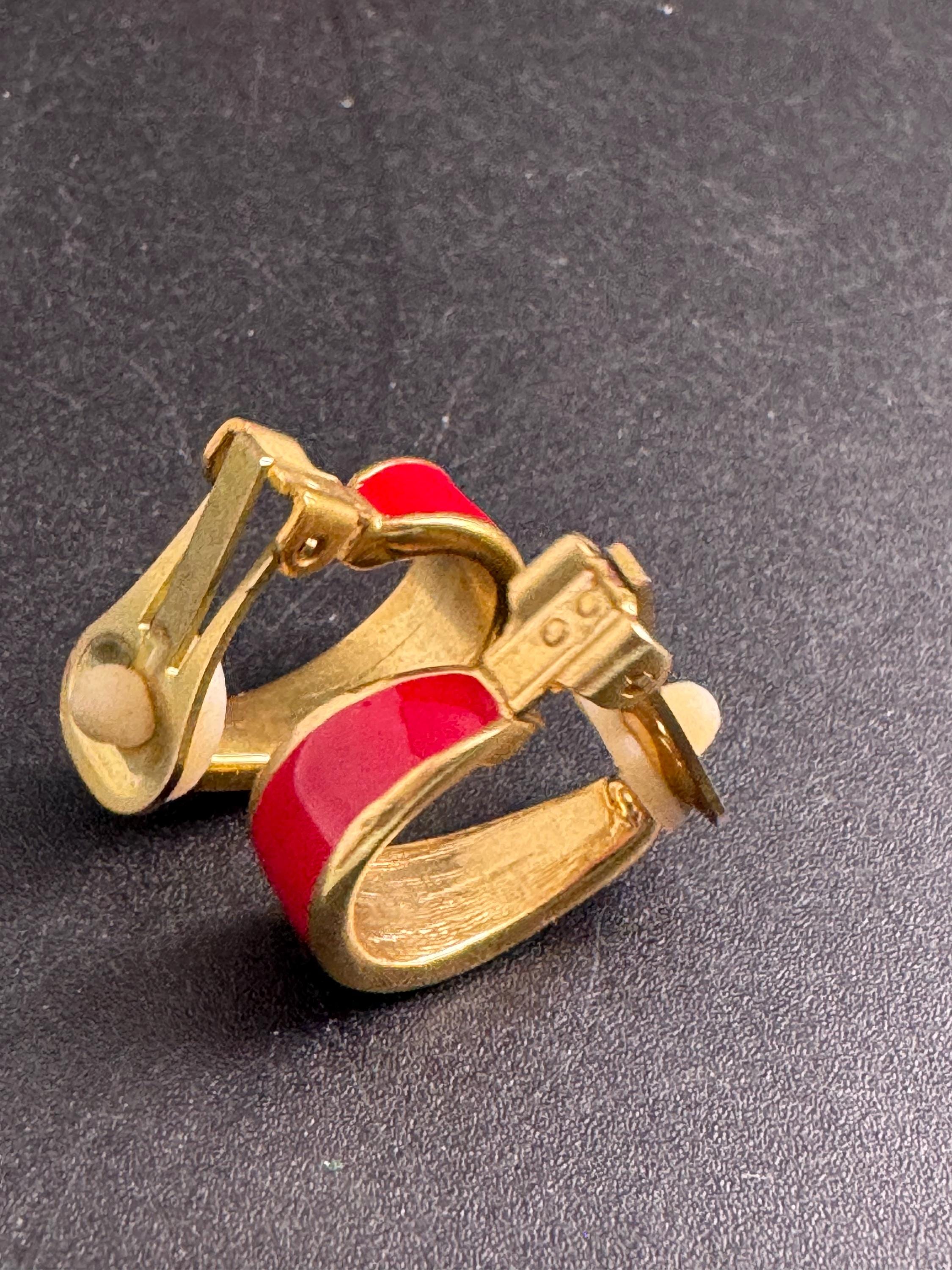 Red Enamel Half Hoop Earrings, clip on vintage